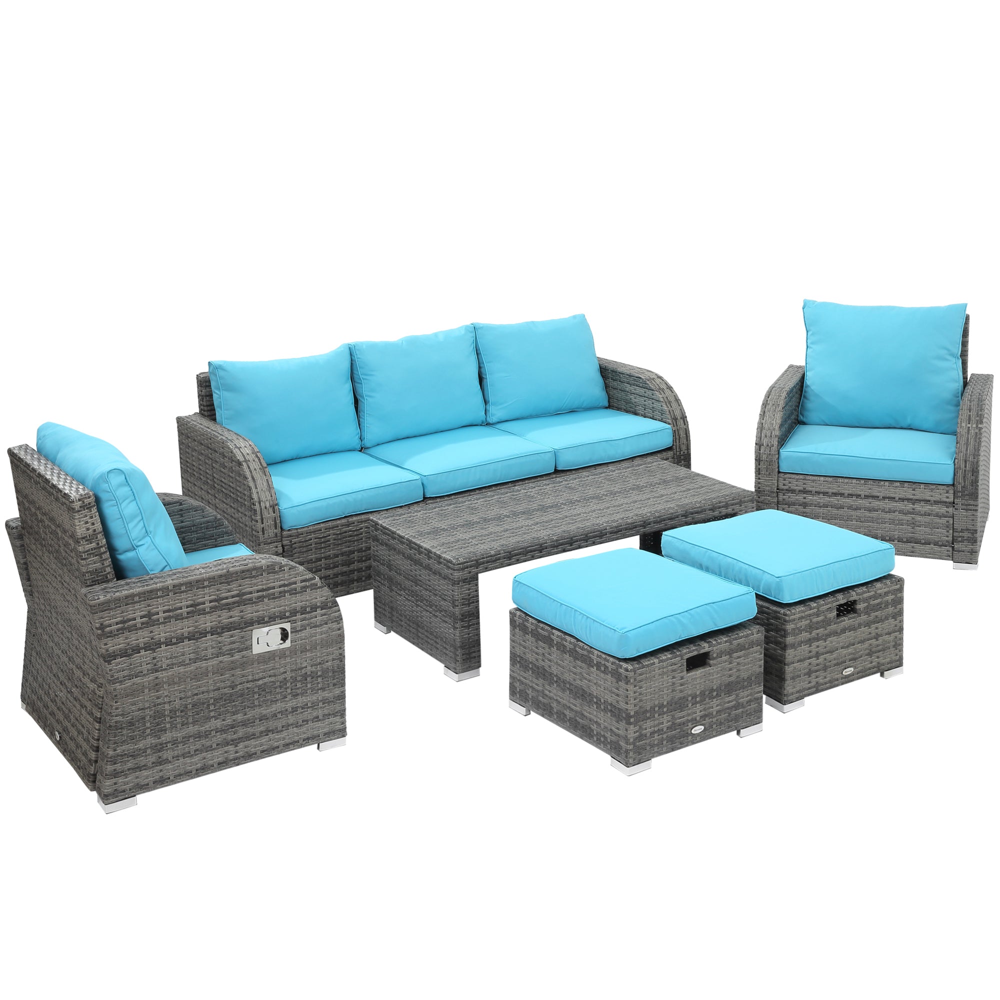 Outsunny 6 Pieces Patio Furniture Set, Conversation Set Wicker Sectional Set Cushioned Outdoor Rattan 3-Seat Sofa, 2 Adjustable Recliners, 2 Footstools & Table Set for Lawn Garden Backyard, Sky Blue
