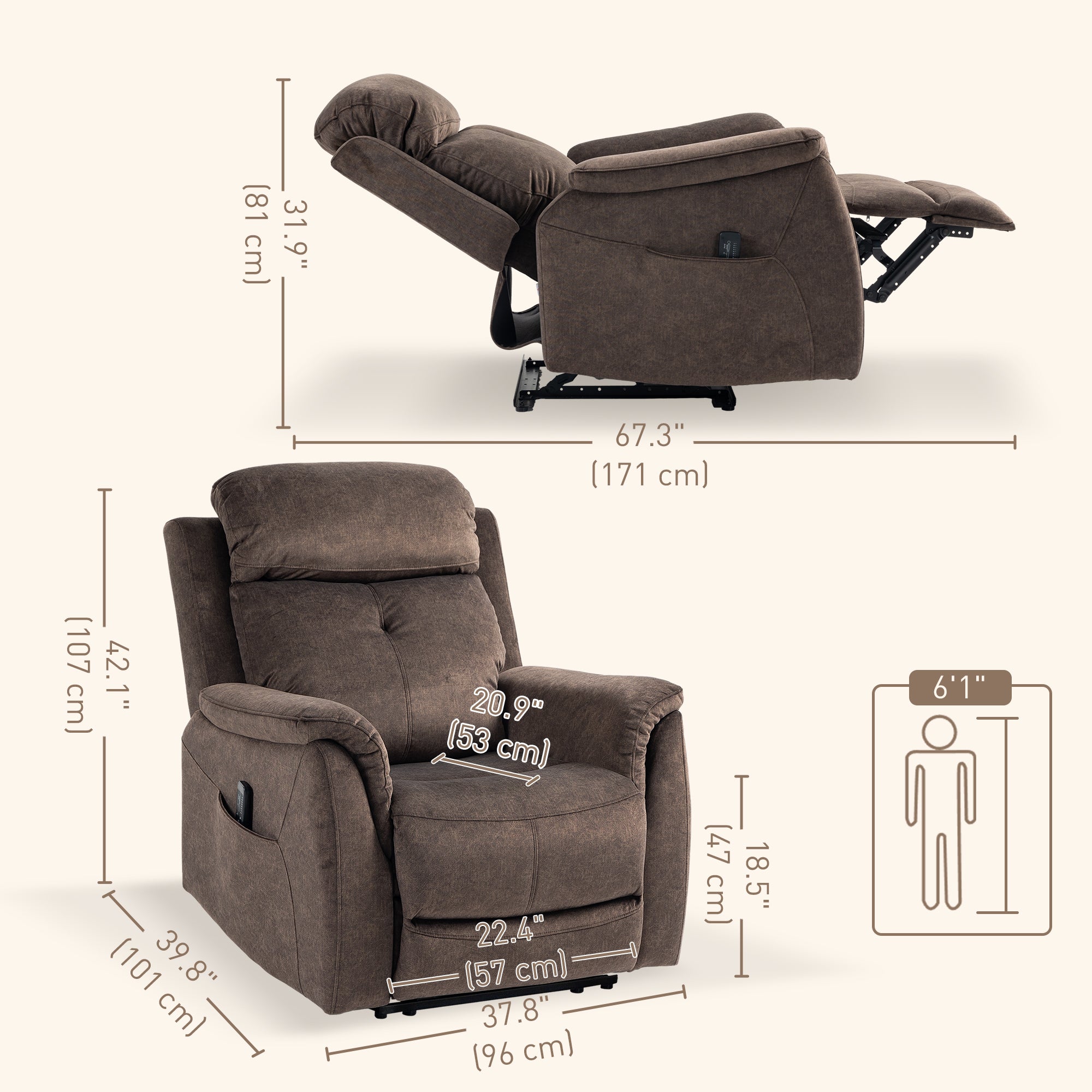 HOMCOM Manual Recliner Chair with Vibration Massage, Reclining Chair for Living Room with Side Pockets, Brown