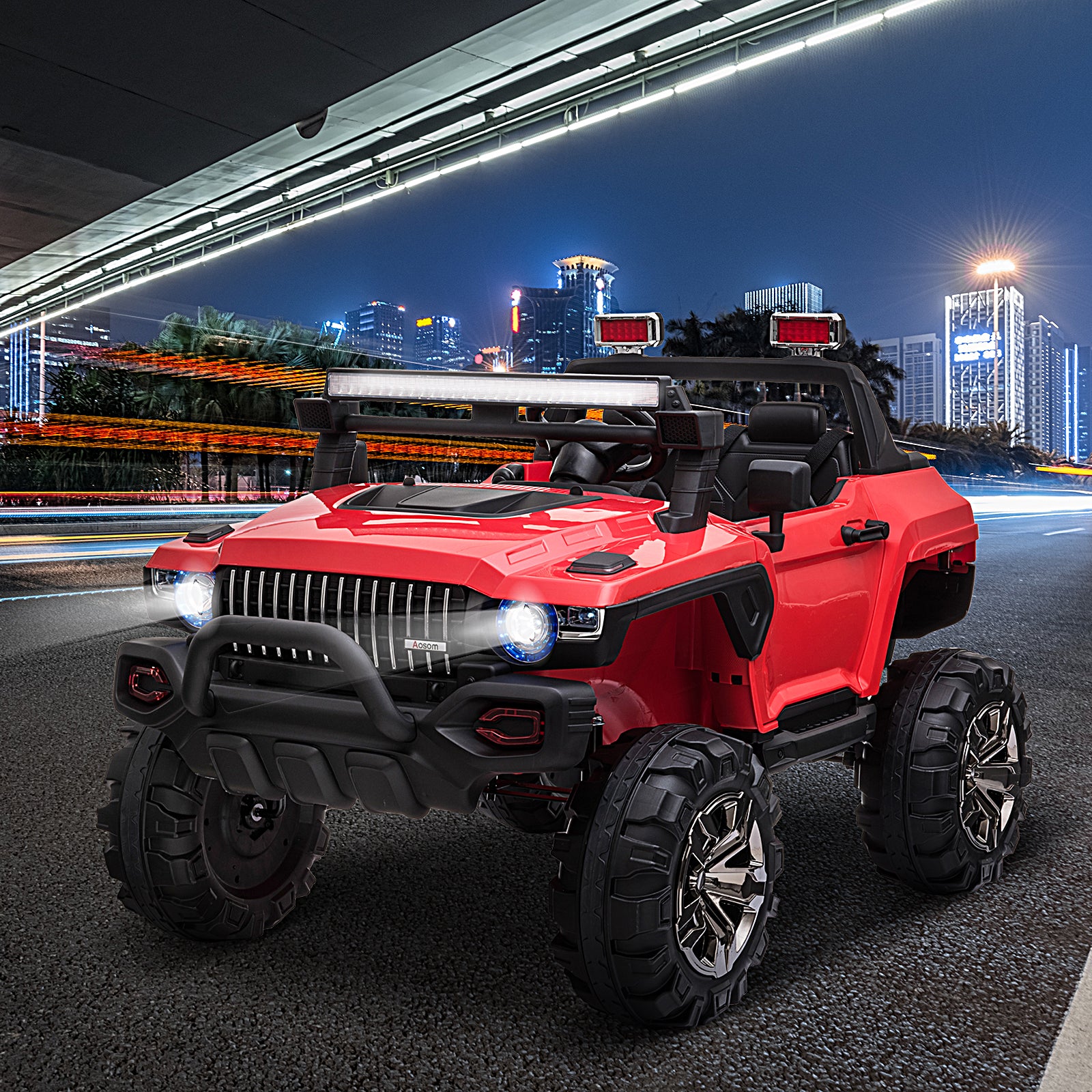 Aosom 2-Seater Kids Ride On Police Car, 12V 7AH Remote Control Police Truck Electric Car for Toddlers with LED Lights, Big Off-road Wheels, 4 Shock Absorbers, MP3, Storage, Red