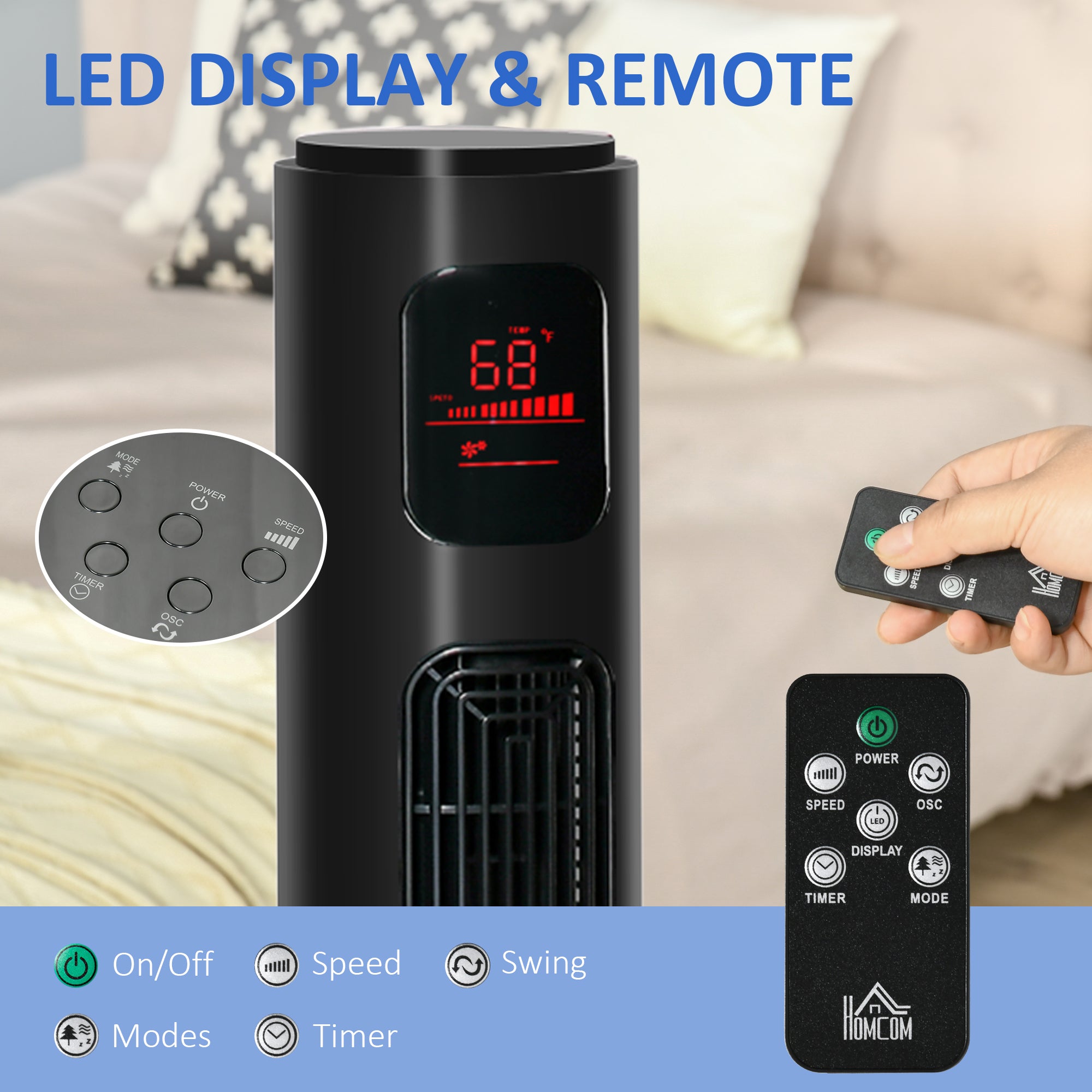 HOMCOM Freestanding Tower Fan Cooling for Home Bedroom with Oscillating, 3 Speed, 12h Timer, LED Sensor Panel, Remote Controller, Black