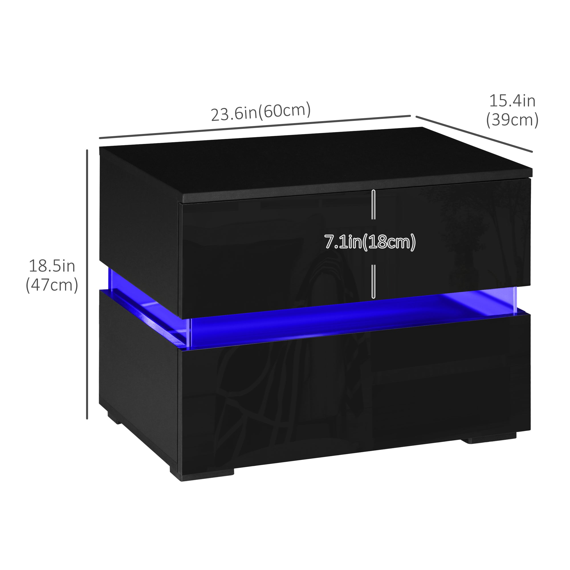 HOMCOM Modern Nightstand, Bedside Table with 2 Drawers, USB Powered RGB LED Lights, Remote for Bedroom, Black