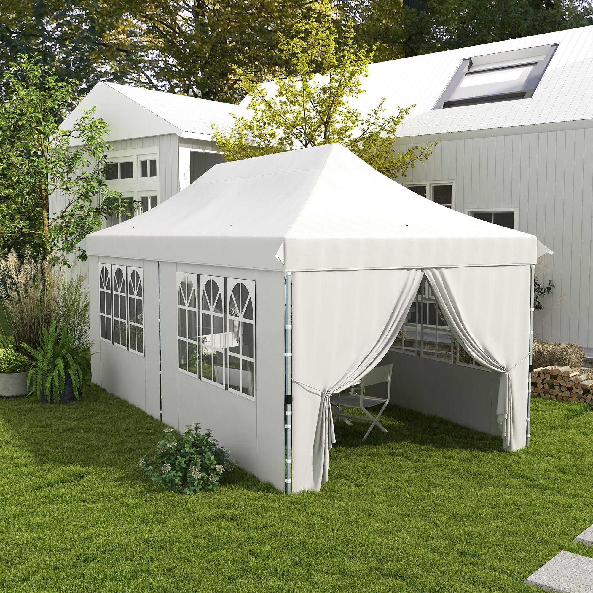 Outsunny 20x10 Pop Up Canopy with 6 Removable Sidewall, Carry Bag and 6 Sand Bags, Height Adjustable Instant Sun Shelter, White