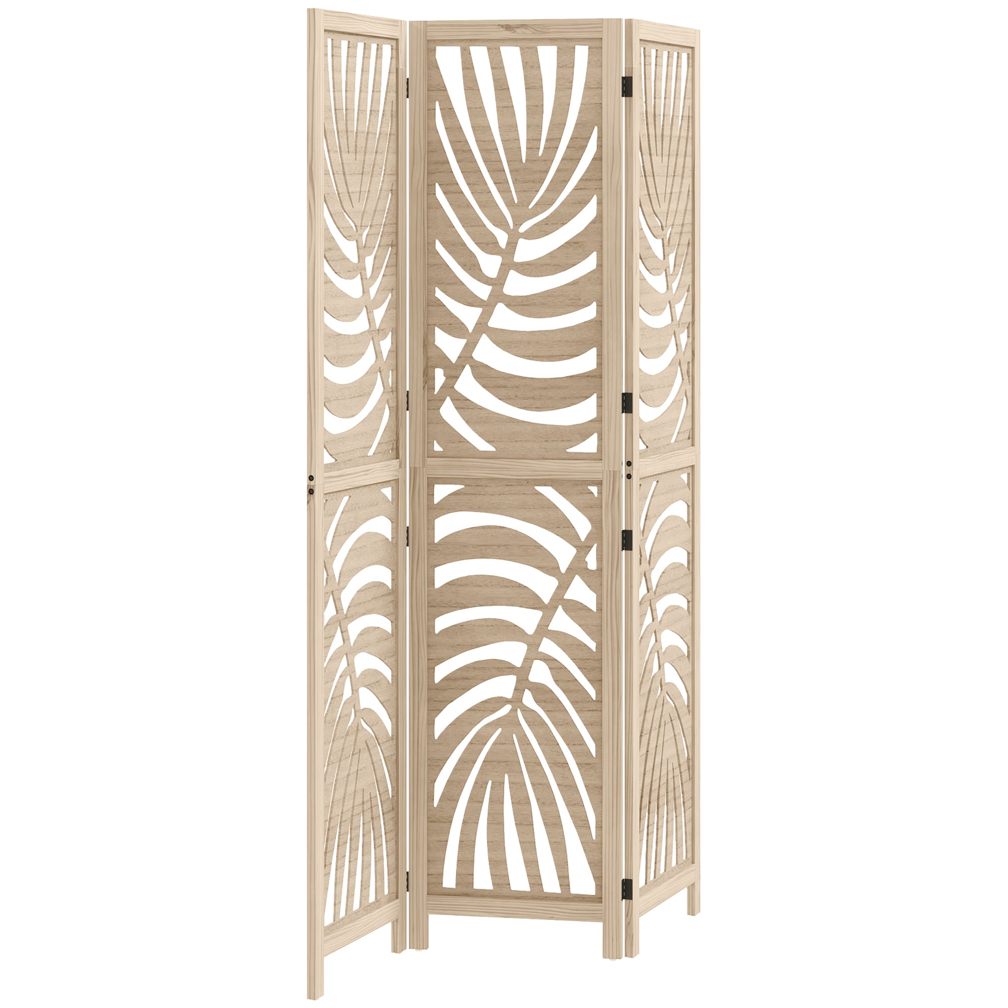 HOMCOM 3 Panel Room Divider, Detachable Folding Privacy Screens with Palm Leaf Design for Home Office, Natural Wood Finish