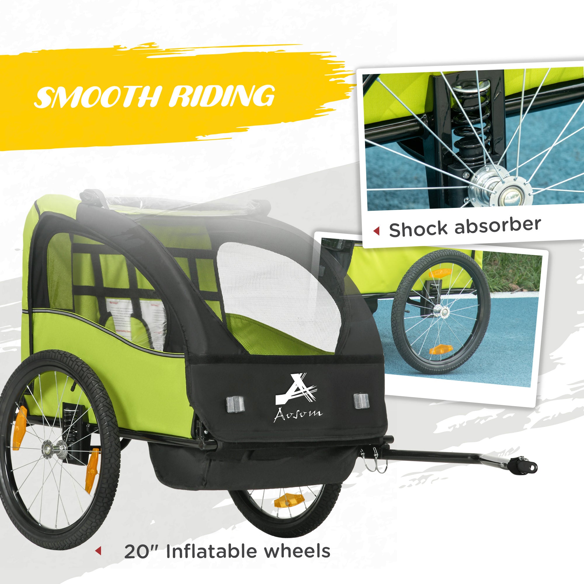 Aosom 2 Seat Bike Trailer for Kids, Baby Stroller with Storage Bag, 5 Point Harness, Bicycle Trailer with 20" Wheels, Green