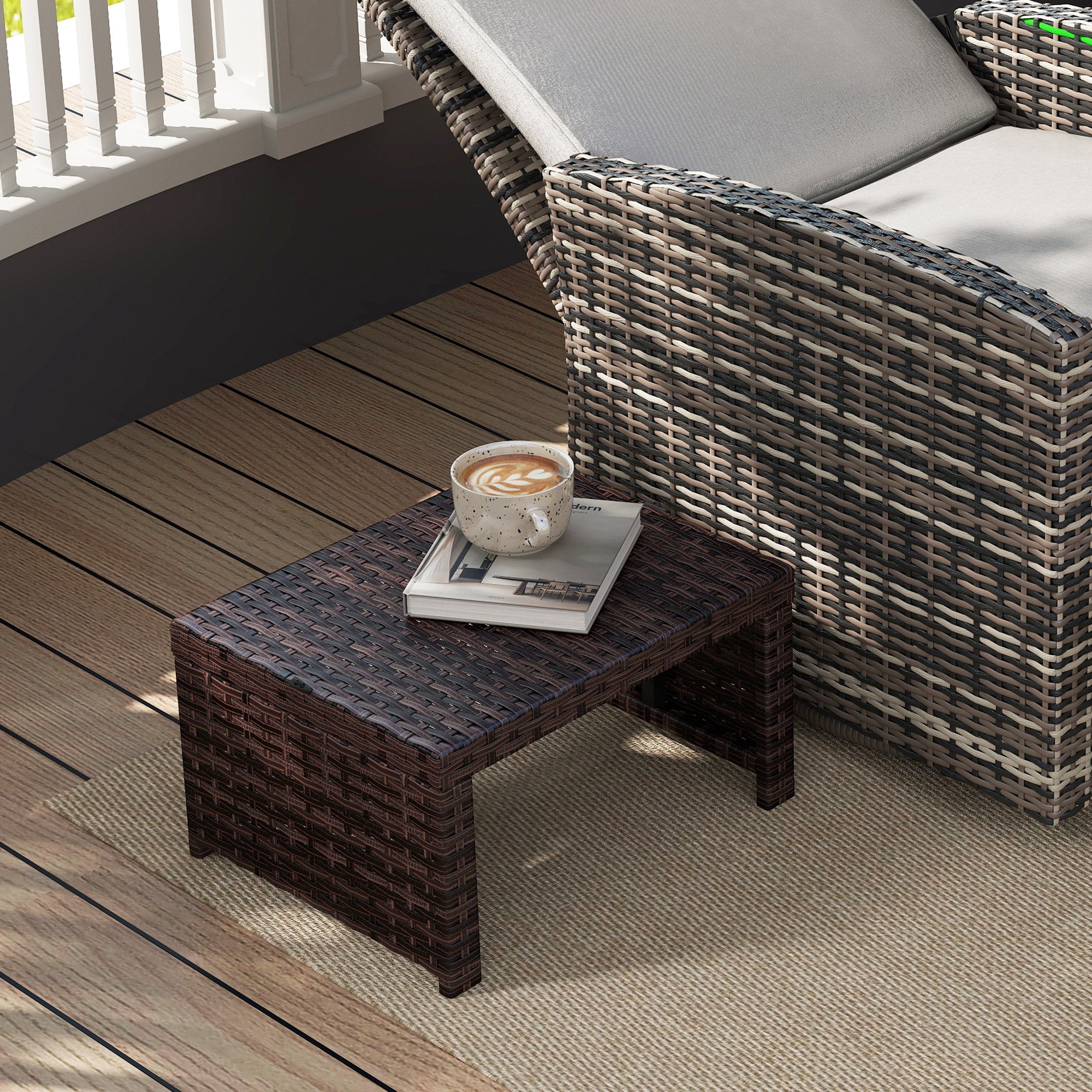 Outsunny 2 Pieces Wicker Outdoor Ottomans with Removable Cushions, Rattan Outdoor Seating, Footrest and Side Table, Khaki