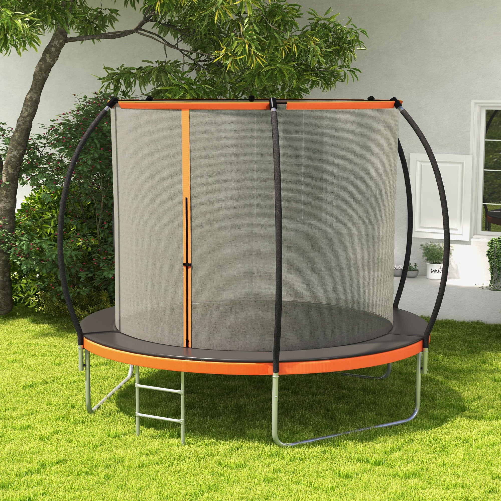 Soozier 8ft Outdoor Trampoline with Enclosure Net and Ladder, Backyard Fitness Trampoline for Teens and Adults