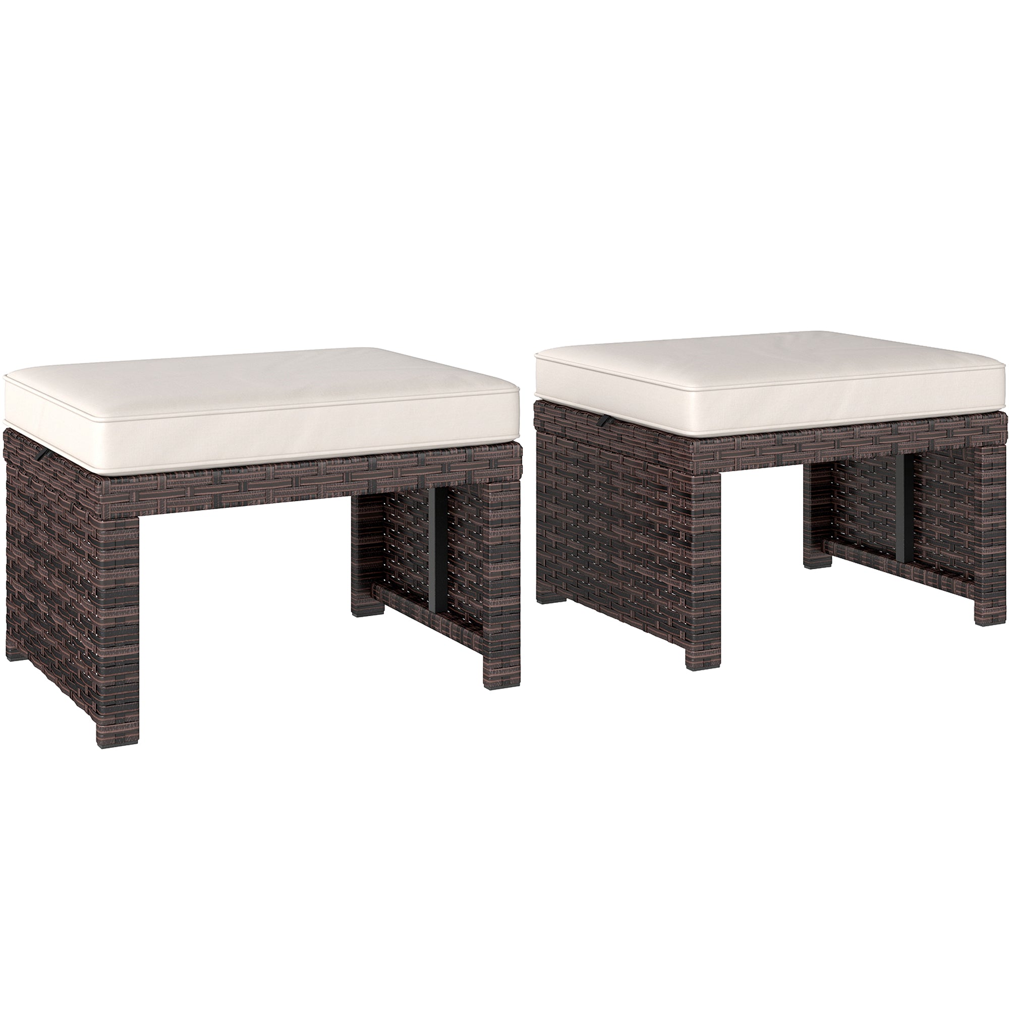 Outsunny 2 Pieces Wicker Outdoor Ottomans with Removable Cushions, Rattan Outdoor Seating, Footrest and Side Table, Khaki