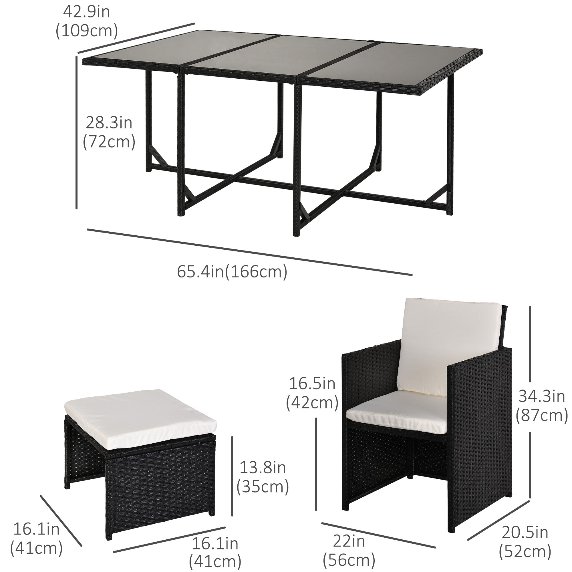 Outsunny 11 Pieces Wicker Patio Dining Set, Space-saving Outdoor Furniture Set with Removable Cushions, Glass Top Dining Table, 6 Armchairs, 4 Ottomans, PE Rattan Conversation Set