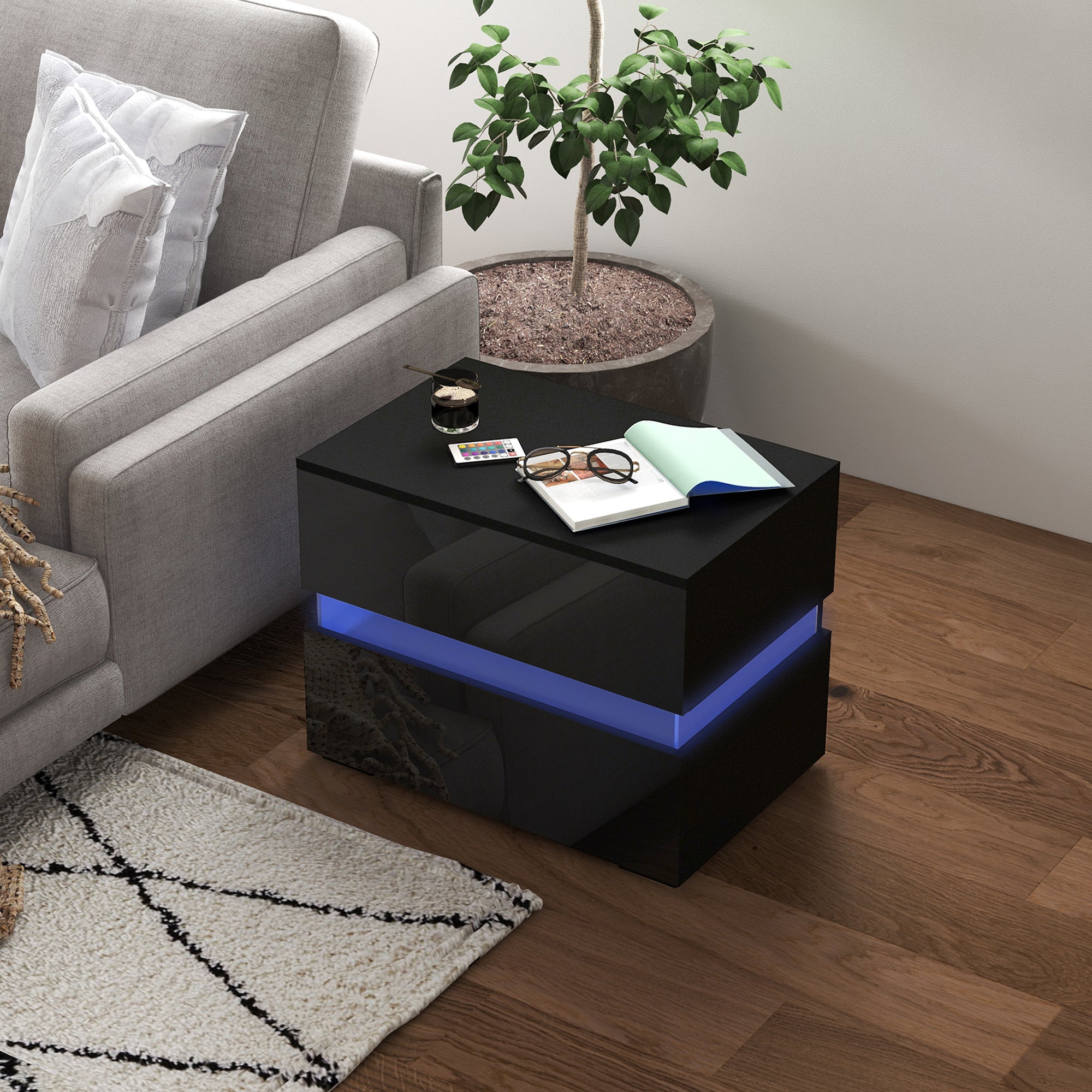 HOMCOM Modern Nightstand, Bedside Table with 2 Drawers, USB Powered RGB LED Lights, Remote for Bedroom, Black