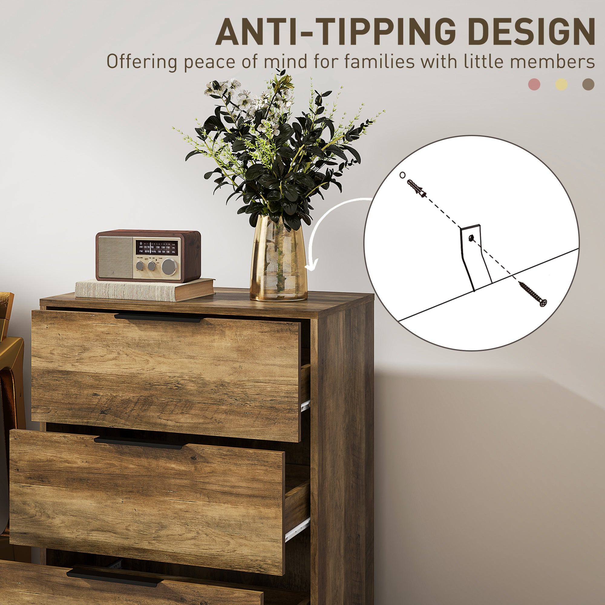 HOMCOM Dresser for Bedroom, 3 Drawer Dresser Tower, Chest of Drawers for Hallway, Entryway, Closet, Natural