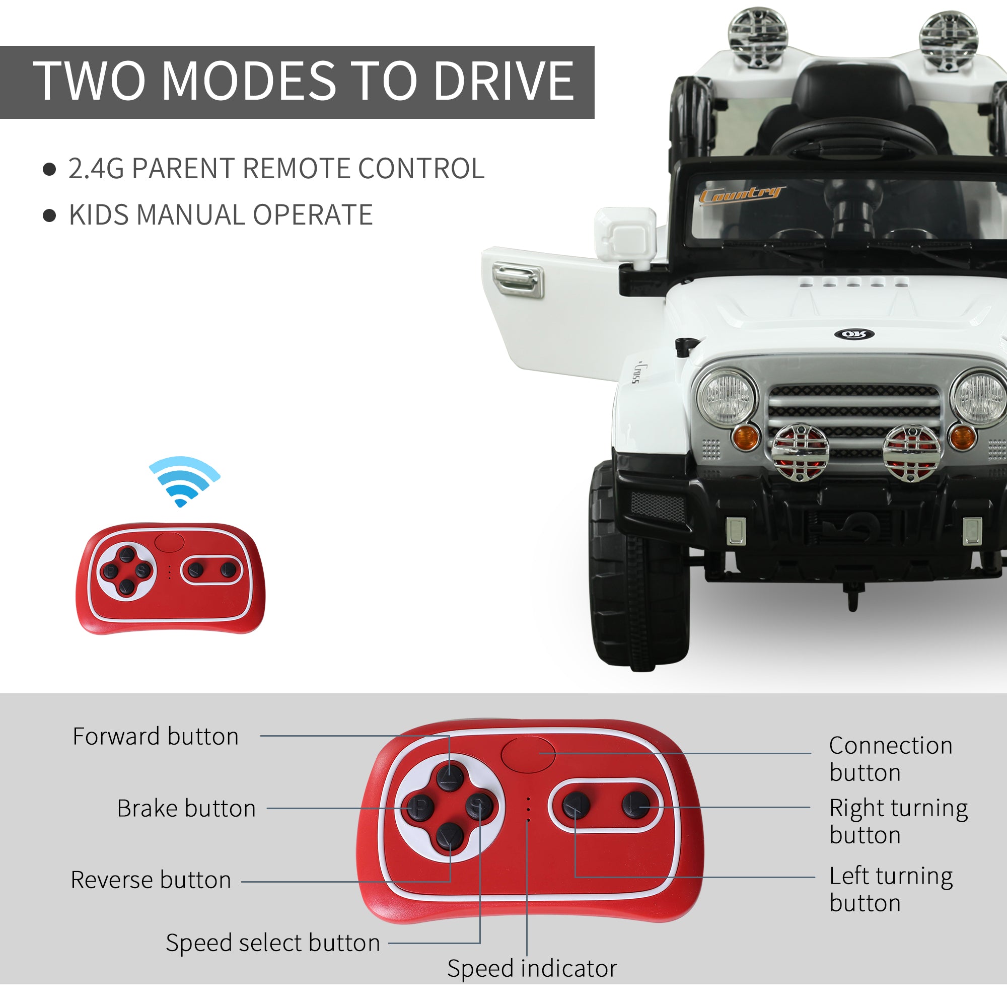 Aosom 12V Kids Electric Ride On Car Toy Jeep power wheels with Remote Control, White