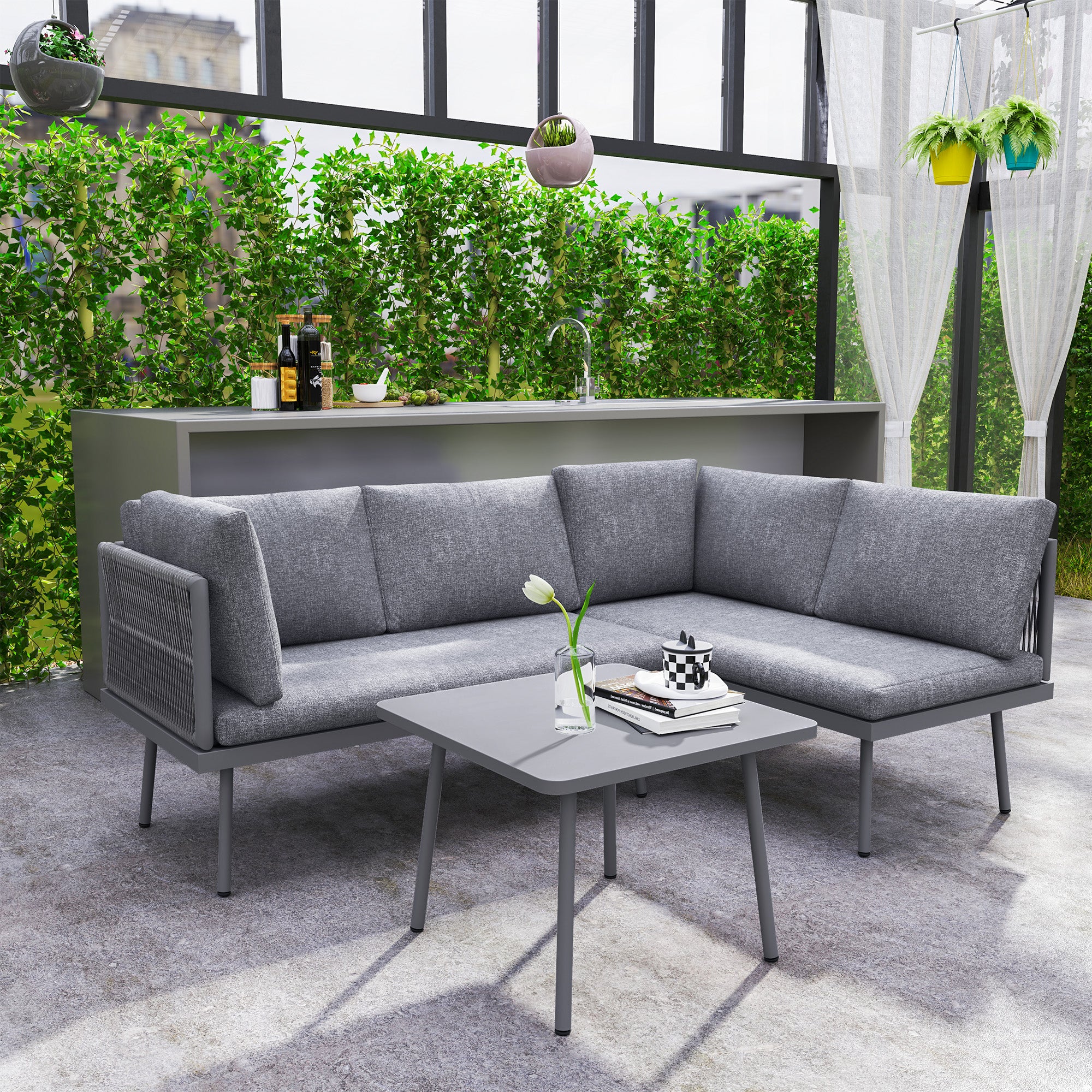 Outsunny 3 Pieces Outdoor Furniture Set, L Shaped Wicker Patio Furniture Conversation Set with Cushions, Steel Table, Grey