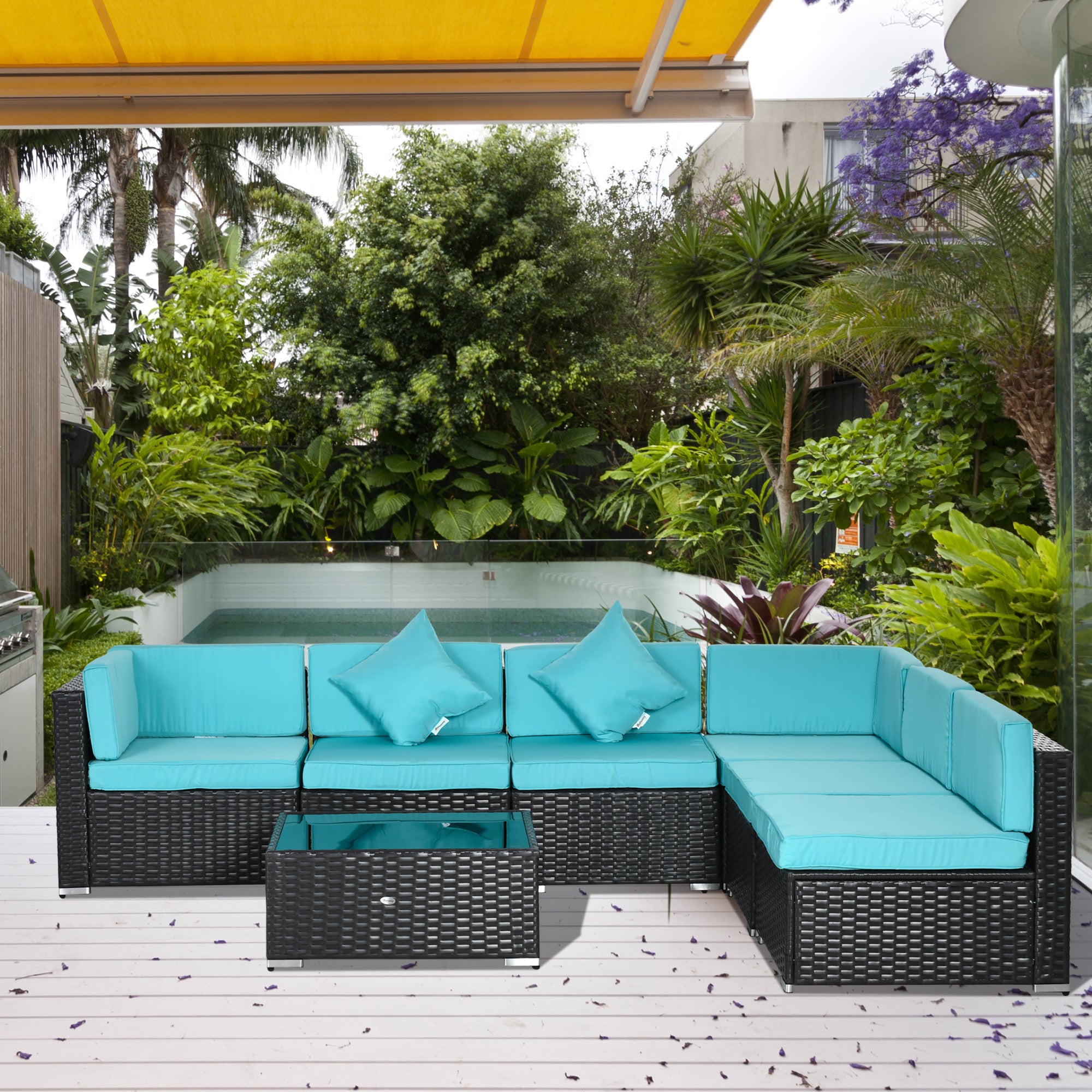 Outsunny 7 Pieces Patio Sofa Outdoor Wicker Sectional Patio Furniture, Deep Coffee & Light Blue
