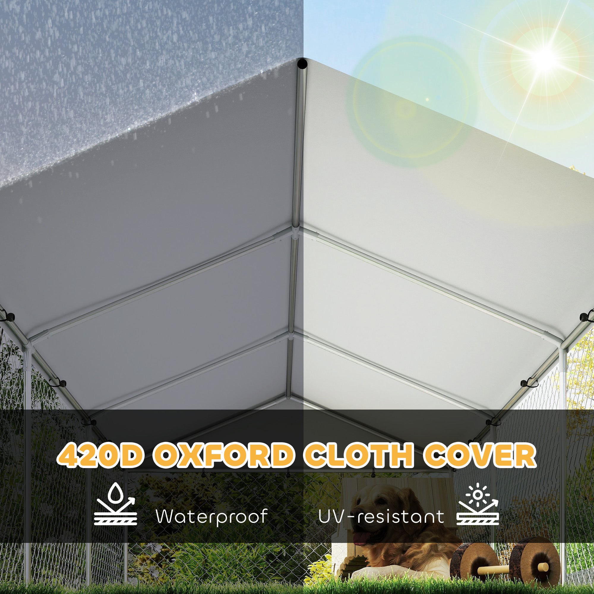 PawHut Outdoor Dog Run w/ Adjustable & Rotating Bowls, Waterproof UV-Resistant Cover, Secure Lock, 19.7' x 7.5' x 5.2'