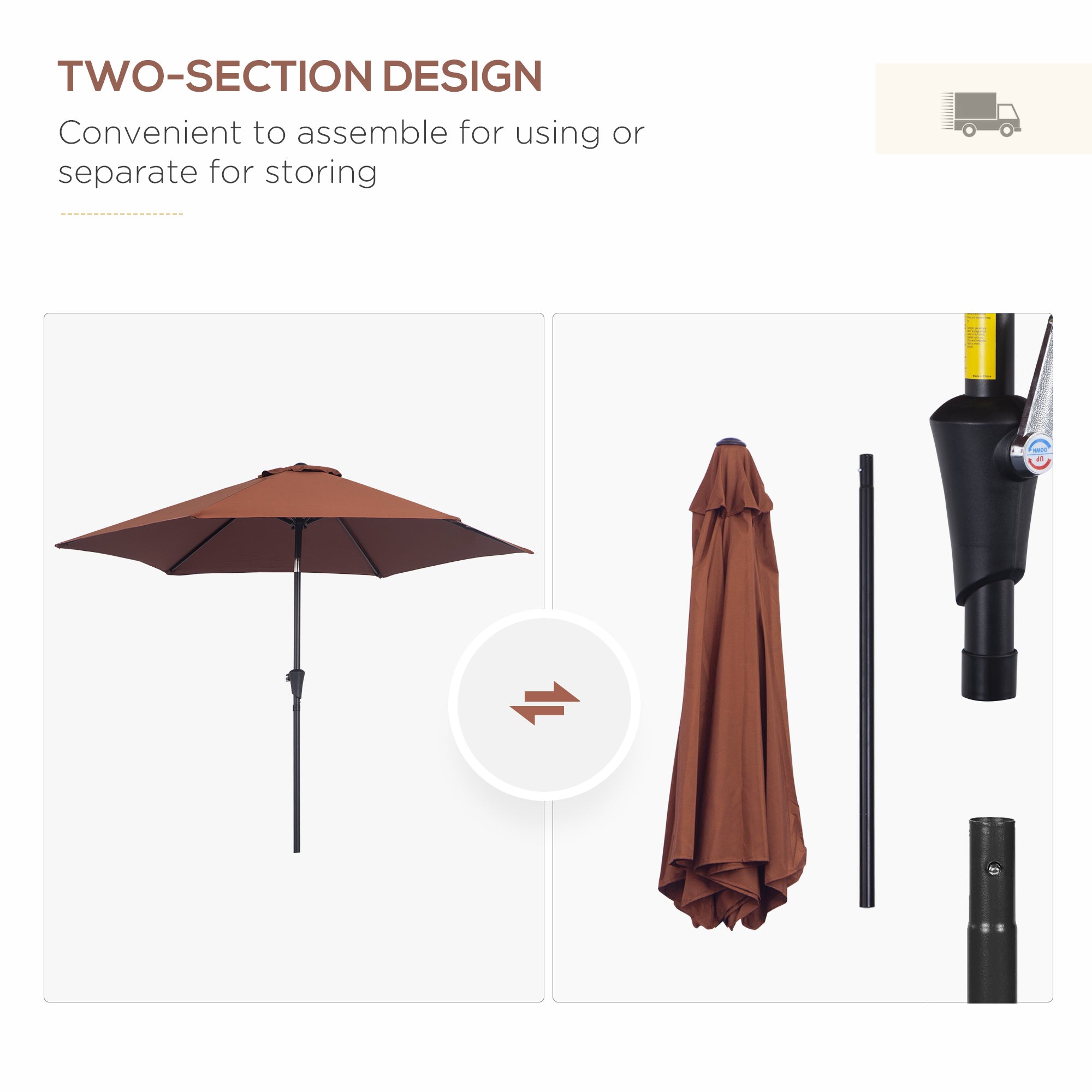 Outsunny 8.5FT Patio Umbrella, Round Garden Parasol with 6 Ribs, Market Sunshade Tilt Canopy w/ Crank Handle for Outdoor, Coffee