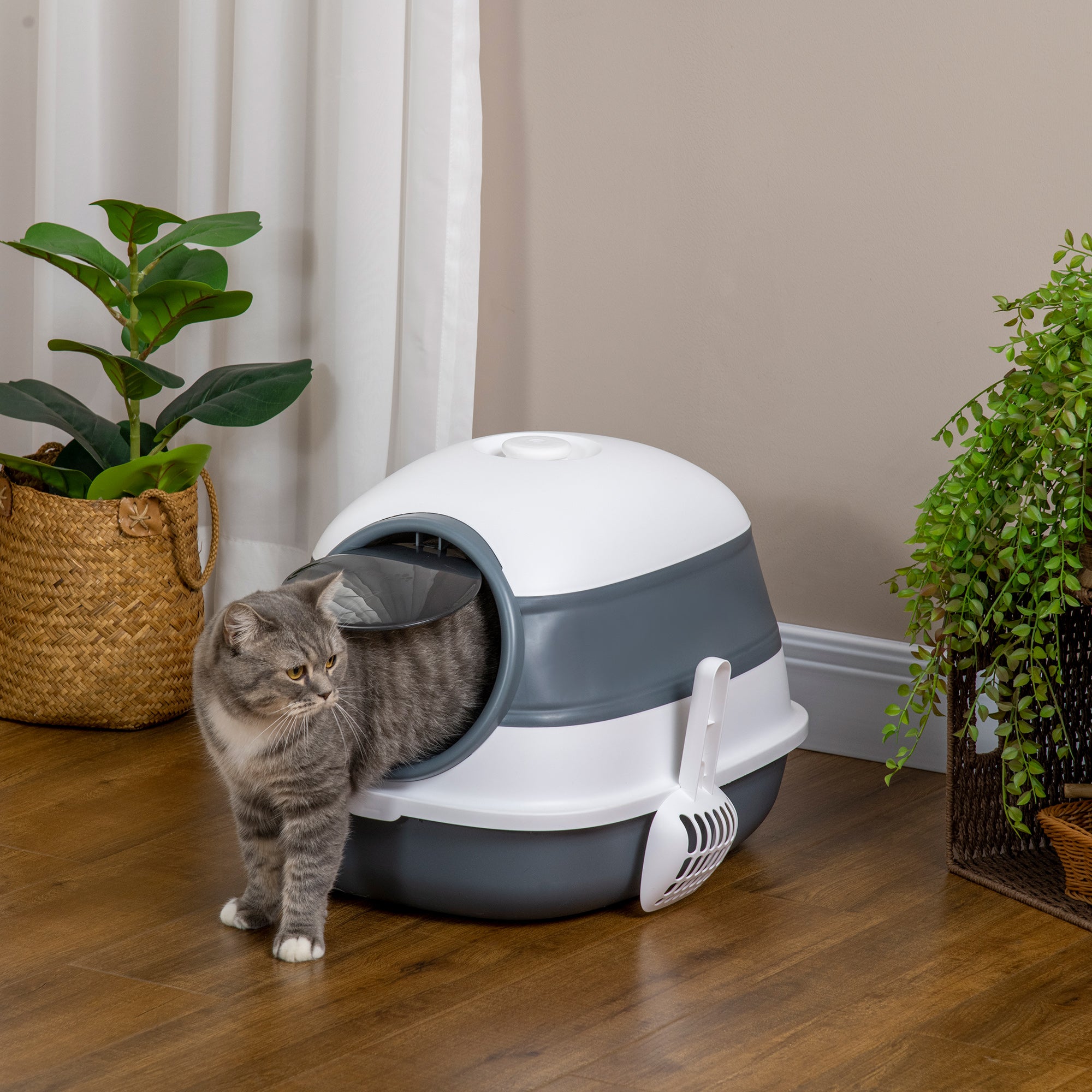 PawHut Foldable Large Cat Litter Box with Lid, Covered Kitten Litter Box w/ Automatic Cat Litter-Proof Sides, Deodorization, Easy to Clean, White and Grey