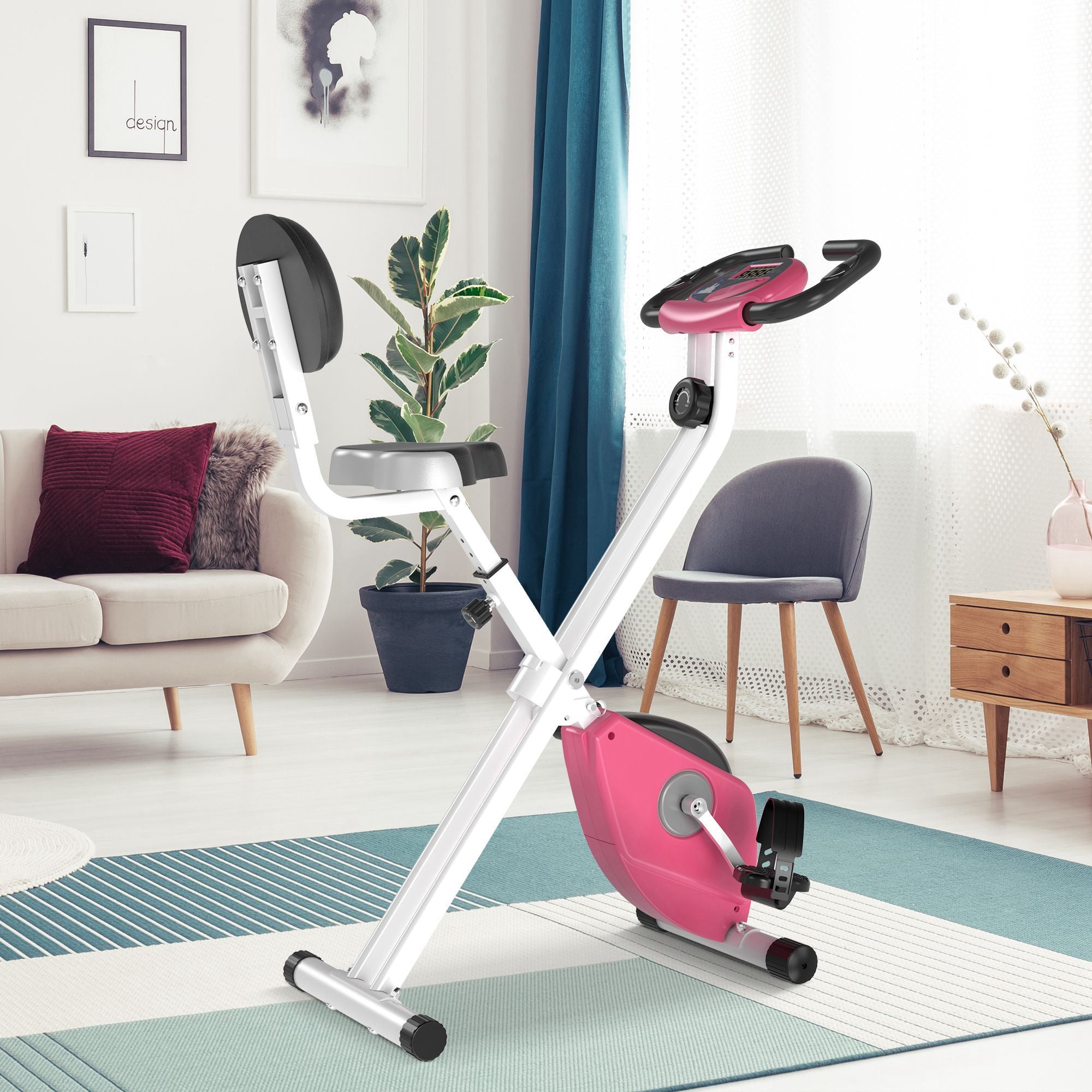 Soozier Foldable Indoor Stationary Bike with 8 Levels of Magnetic Resistance, Exercise Bike for Cardio Workout, Pink