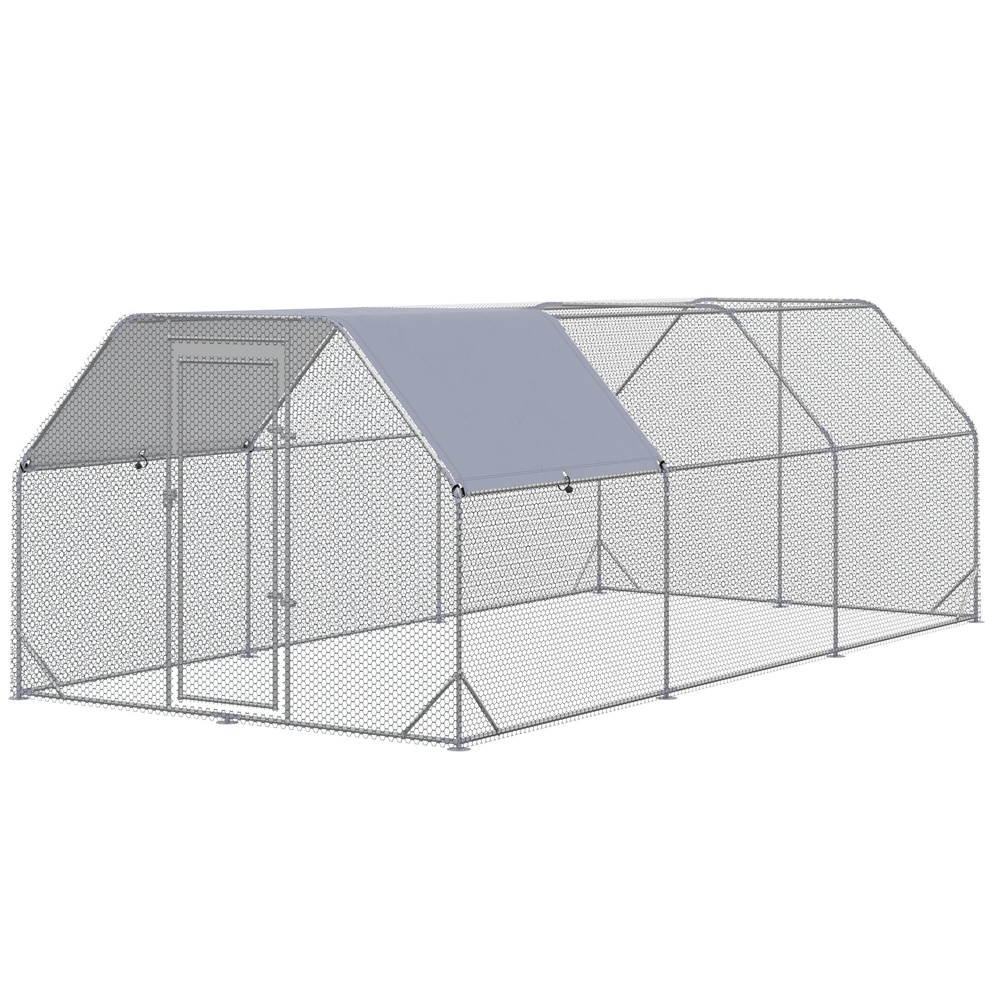 PawHut Chicken Run, Galvanized Large Metal Chicken Coop Cage, Walk-in Enclosure Poultry Hen Run House Playpen Rabbit Hutch with Flat Roof, Cover, for Outdoor Backyard, 9.2' x 18.7' x 6.5', Silver