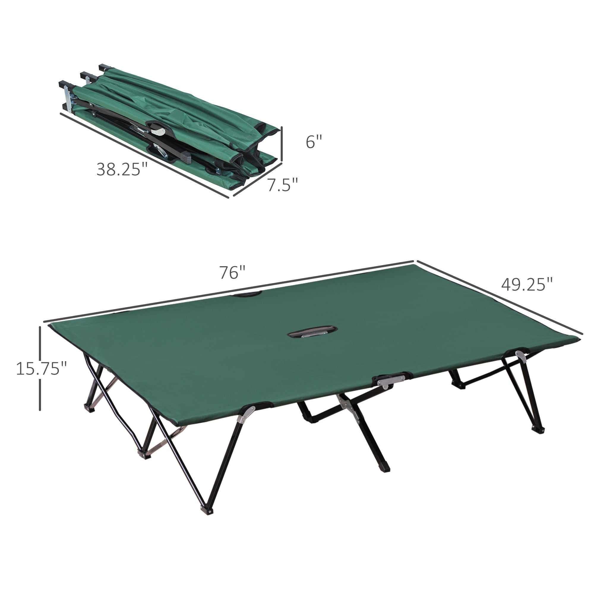 Outsunny 76" Two Person Folding Camping Cot Outdoor Portable Double Cot Wide Military Sleeping Bed w/ Carrying Bag Green
