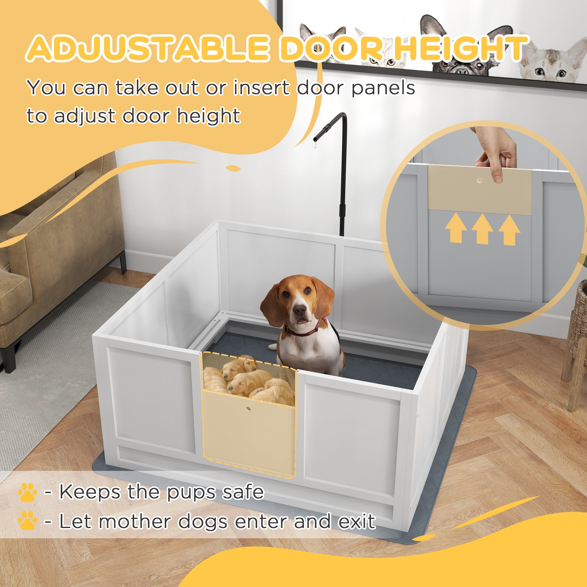 PawHut Whelping Box for Dogs with Retractable Light Stand, Waterproof Pad, Rail, Adjustable Height Door, 41" x 39"