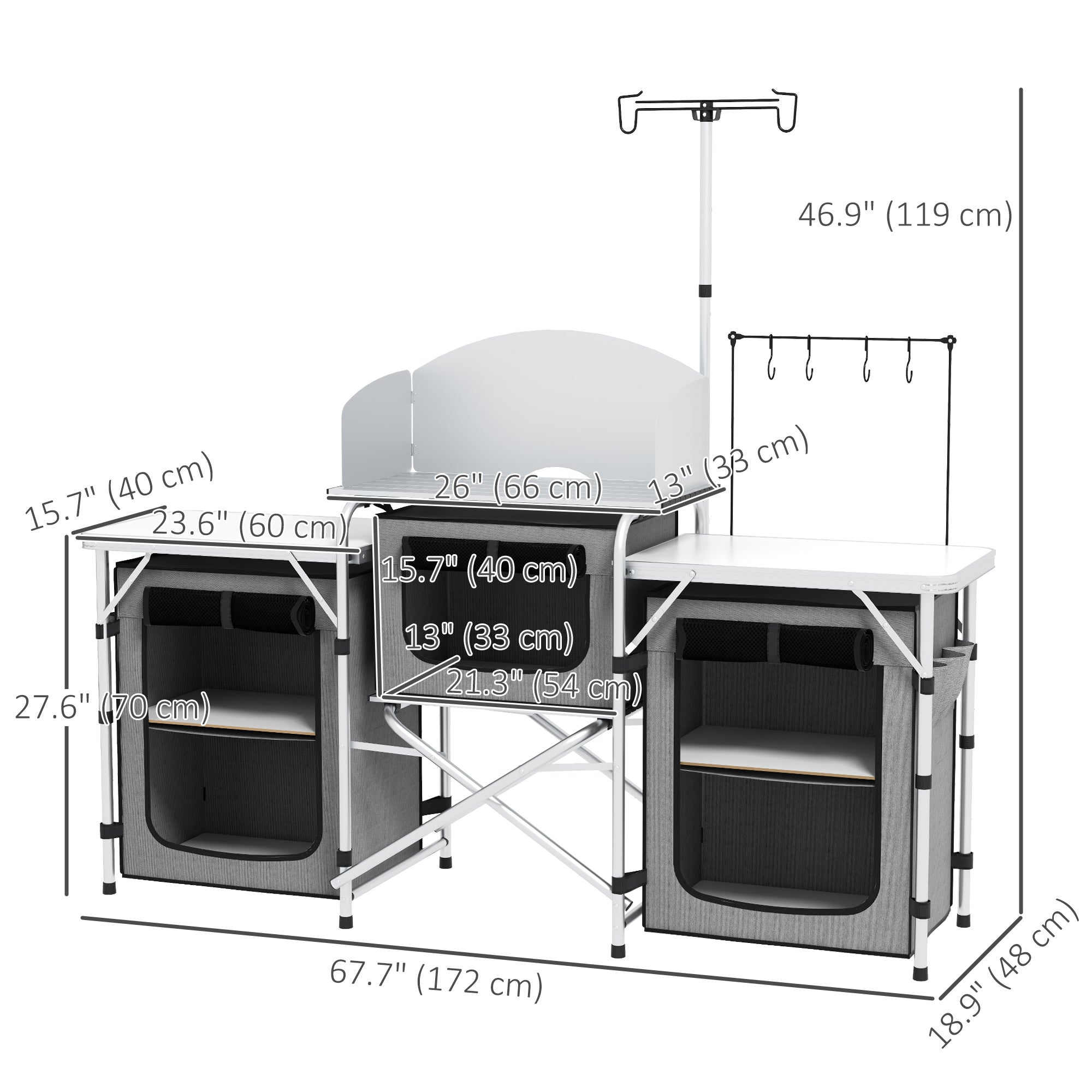 Outsunny Aluminum Camping Kitchen, Portable Folding Camping Table with Fabric Cupboards, Windshield, Bag for BBQ, Picnic, Grey