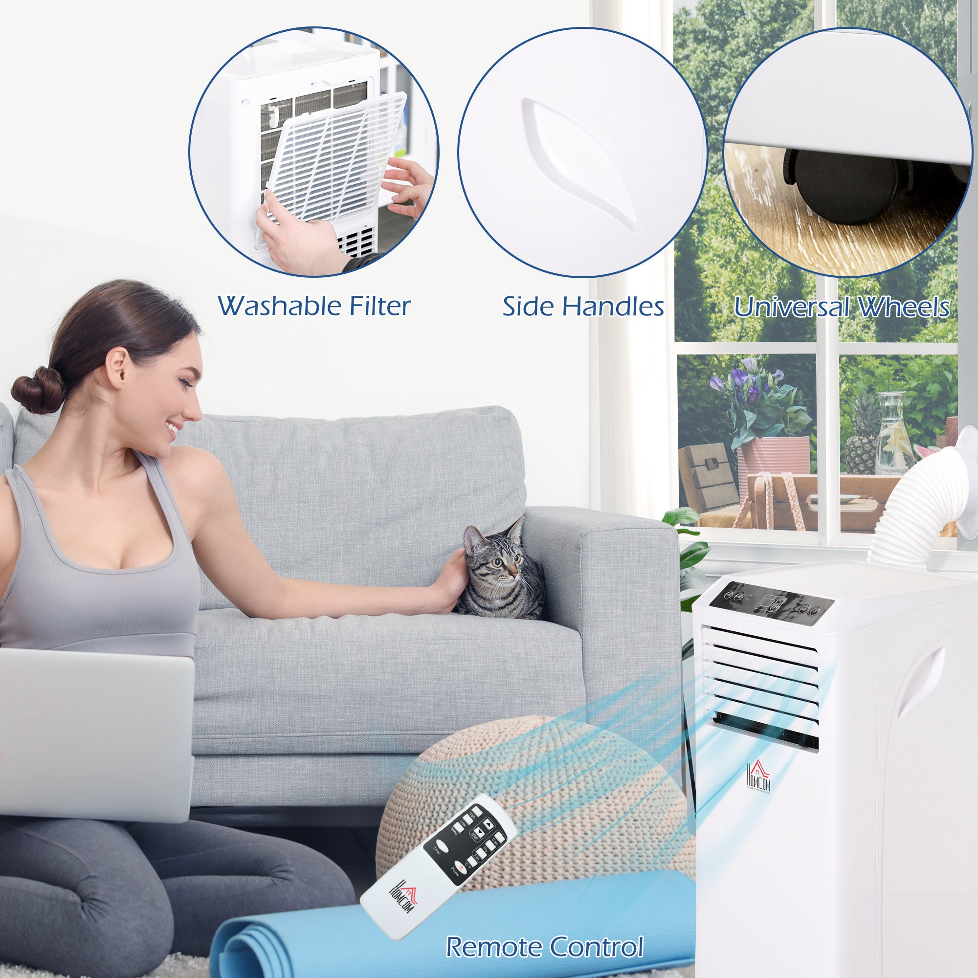 HOMCOM 8000BTU Mobile Portable Air Conditioner with Cooling, Dehumidifier, 2 Speed Fans, 24-Hour Timer for Bedroom, White