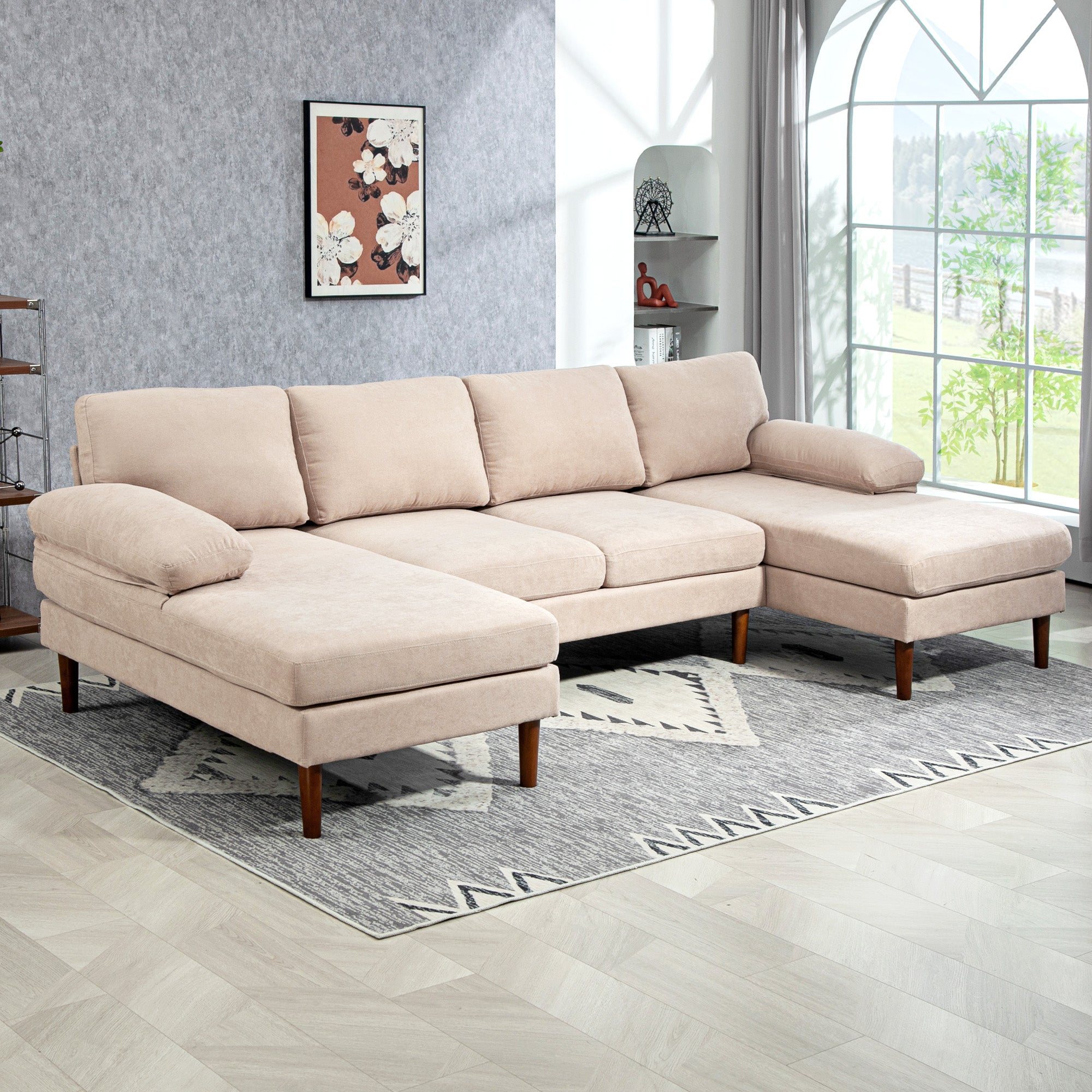 HOMCOM U Shape Couch with Double Chaise Lounge, Modern 4 Seater Sofa with Wooden Legs, Fabric Sofa for Living Room, Beige