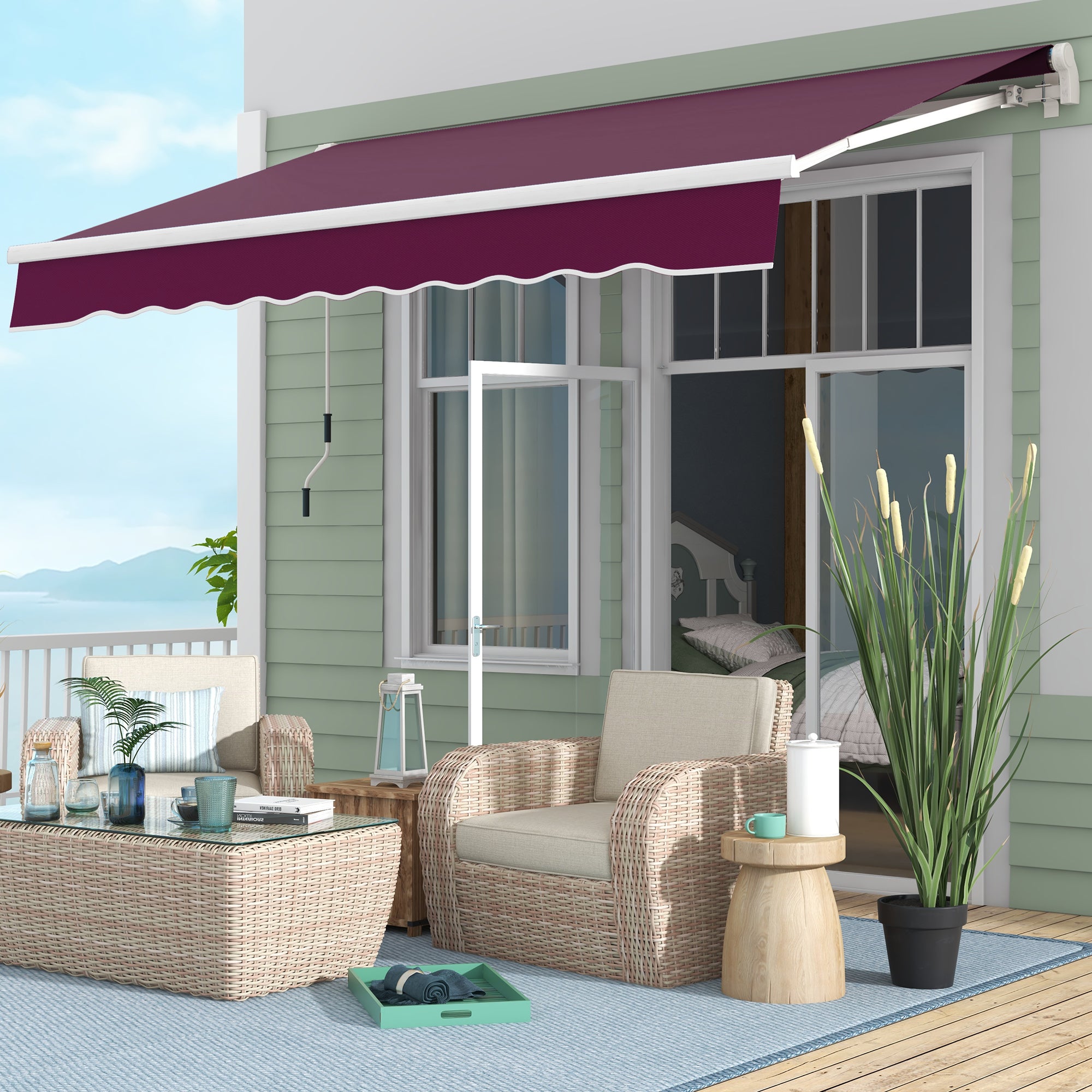 Outsunny 10' x 6.5' Manual Retractable Awning with LED Lights, Aluminum Frame Sun Canopies for Patio Door Window, Wine Red