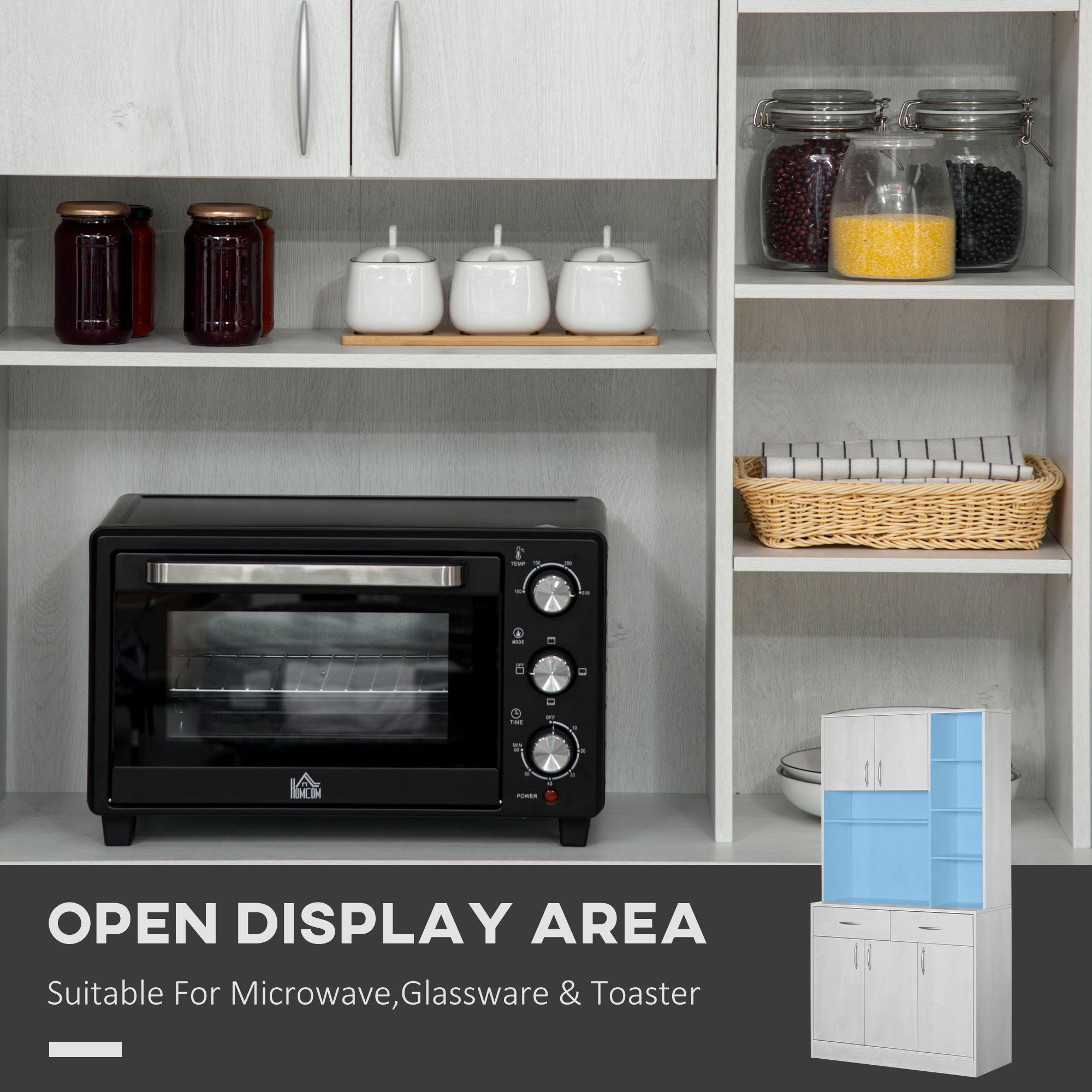 HOMCOM 71" Kitchen Hutch with Storage Cabinet, Modern Buffet with Hutch, Cupboard with Drawers for Living Dining Room, Ash White