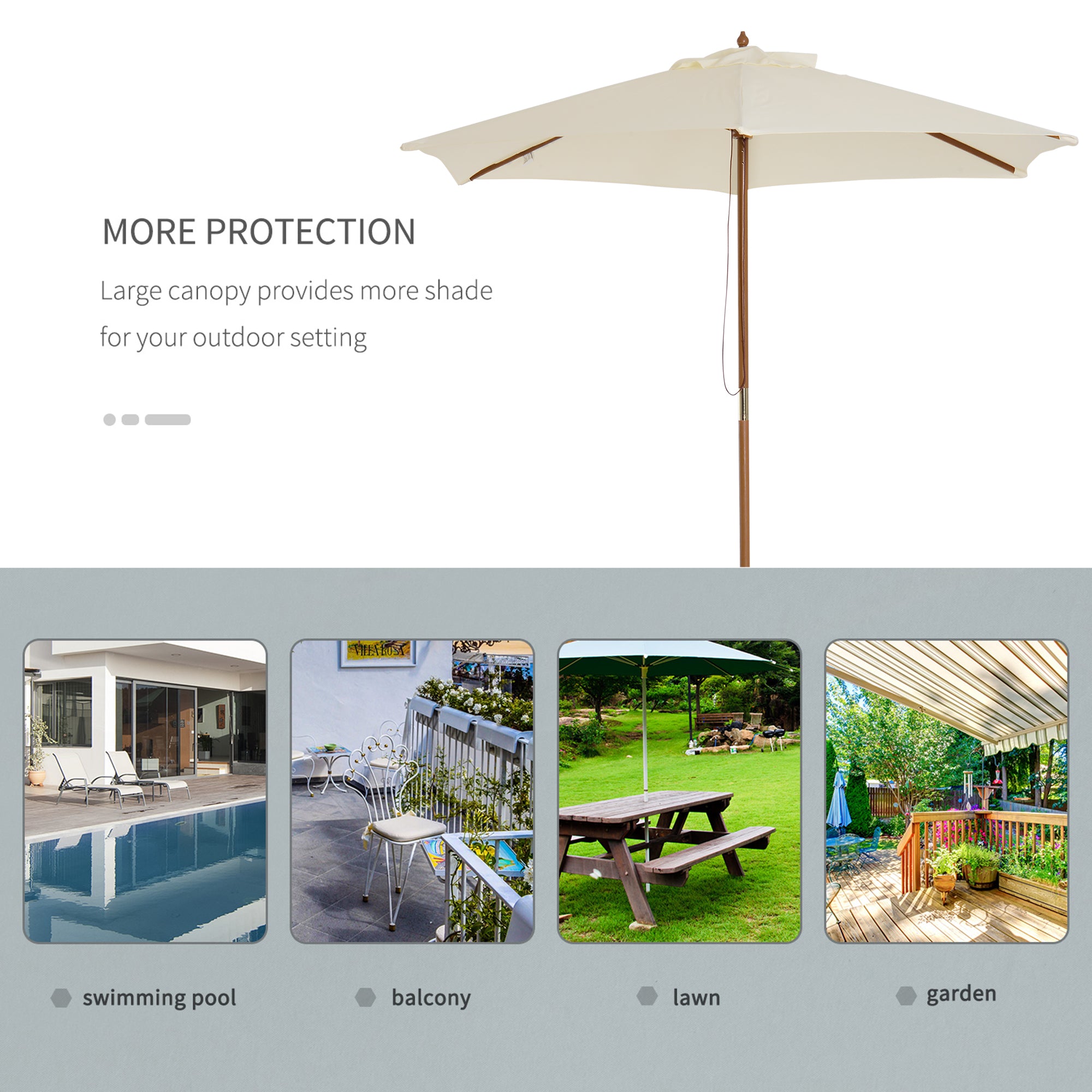 Outsunny 8FT Wood Market Umbrella Patio Umbrella Round Garden Parasol Canopy with Bamboo Ribs and Top Vent, Cream White