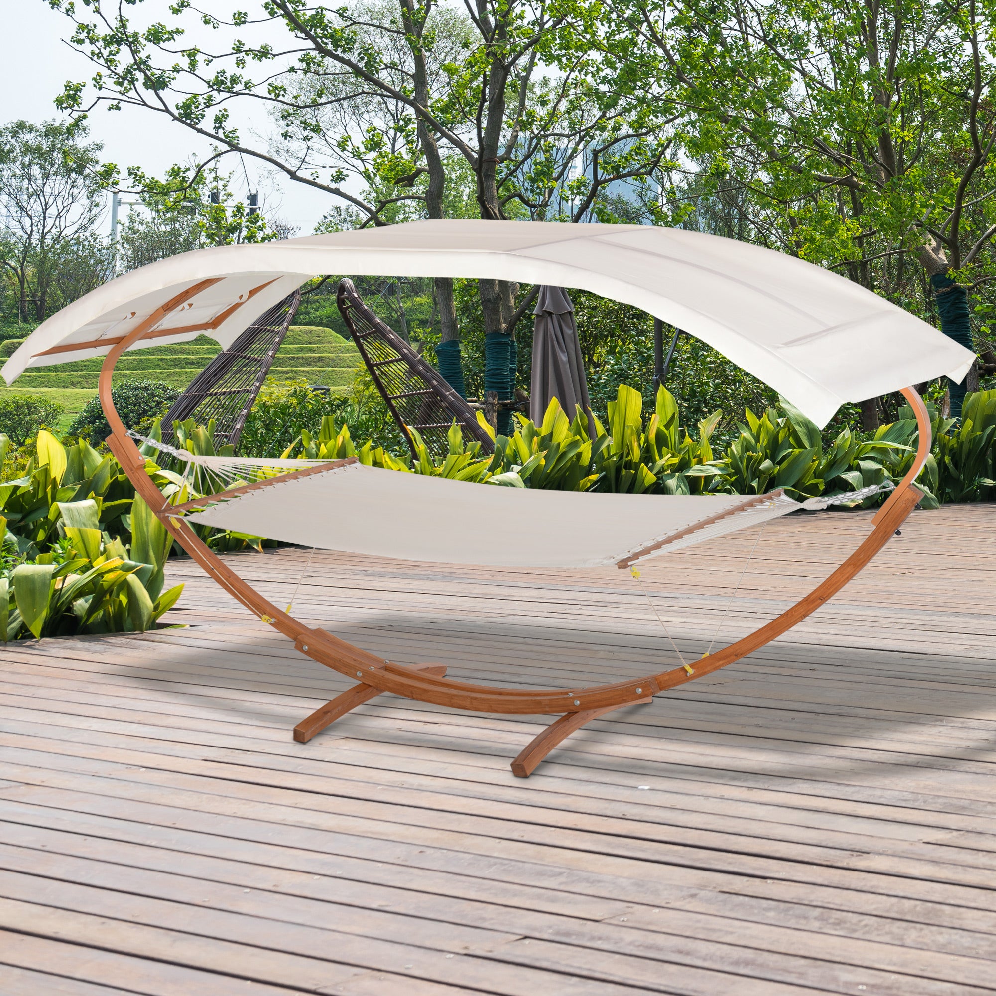 Outsunny 2 Person Wood Swing Arc Hammock Bed and Stand Set with Canopy, White/Teak