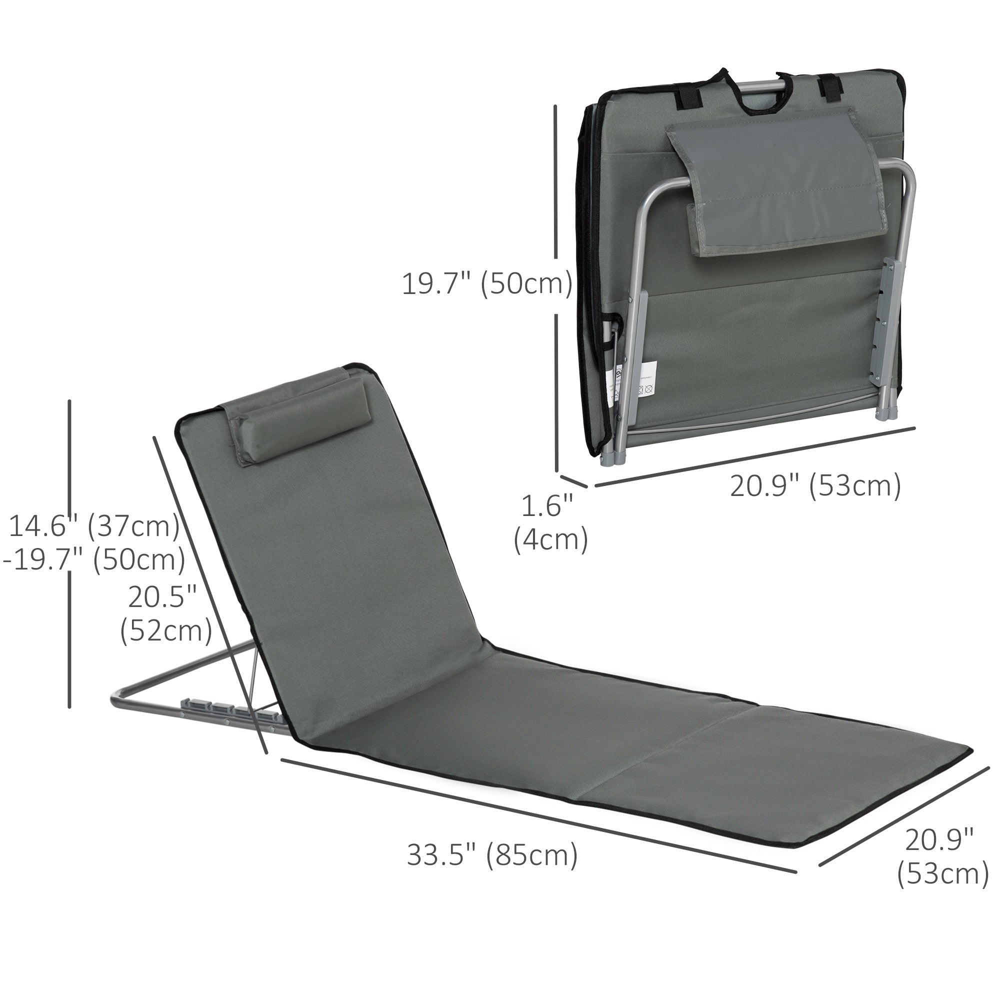 Outsunny Set of 2 Sun Lounger Beach Mat Folding Lounge Chair Mat with Adjustable Back Steel Frame Head Pillow Carry Bag Grey