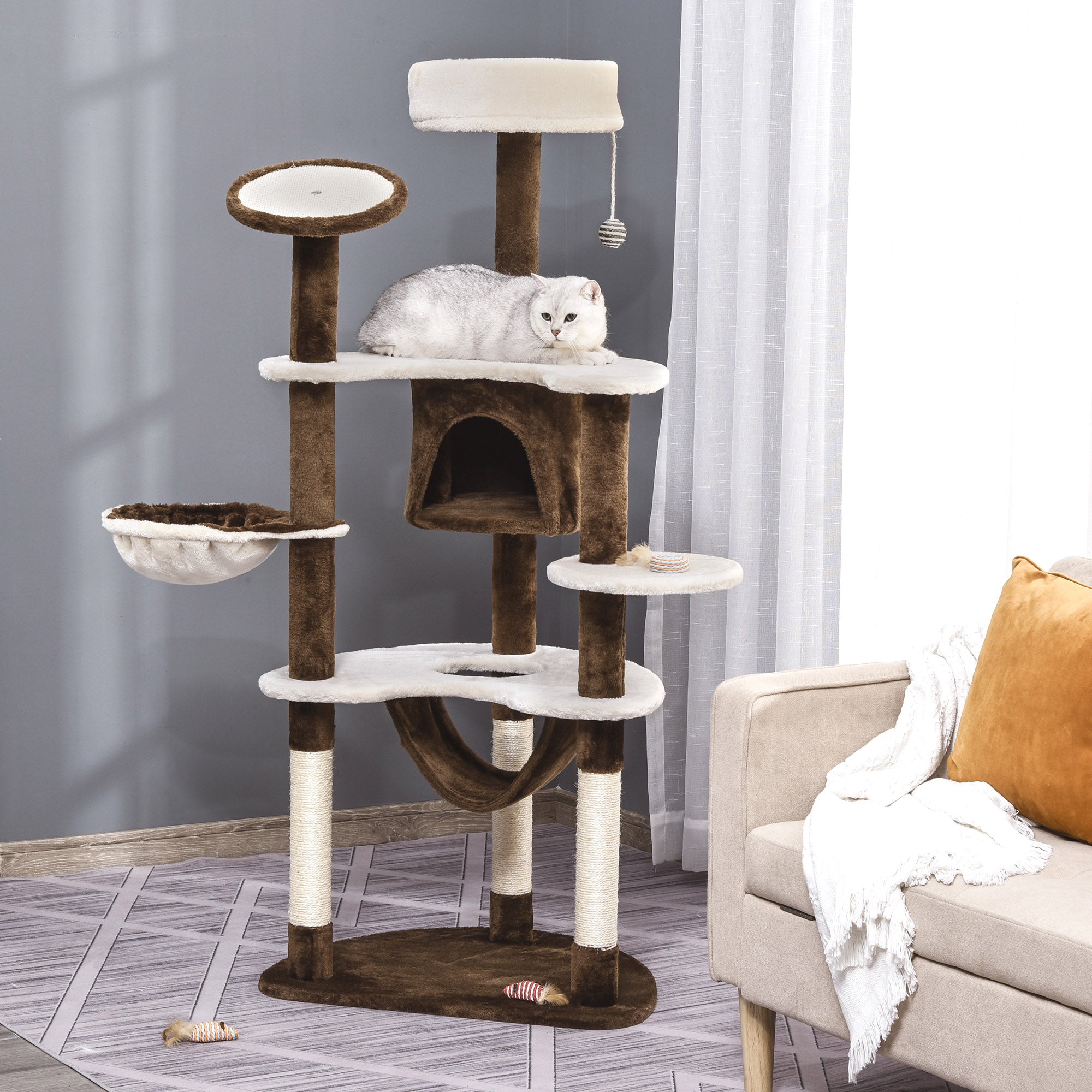 PawHut 60" Cat Scratching Tree, Cat Bed Condo Post House Pet Furniture Toys-Brown & Tan