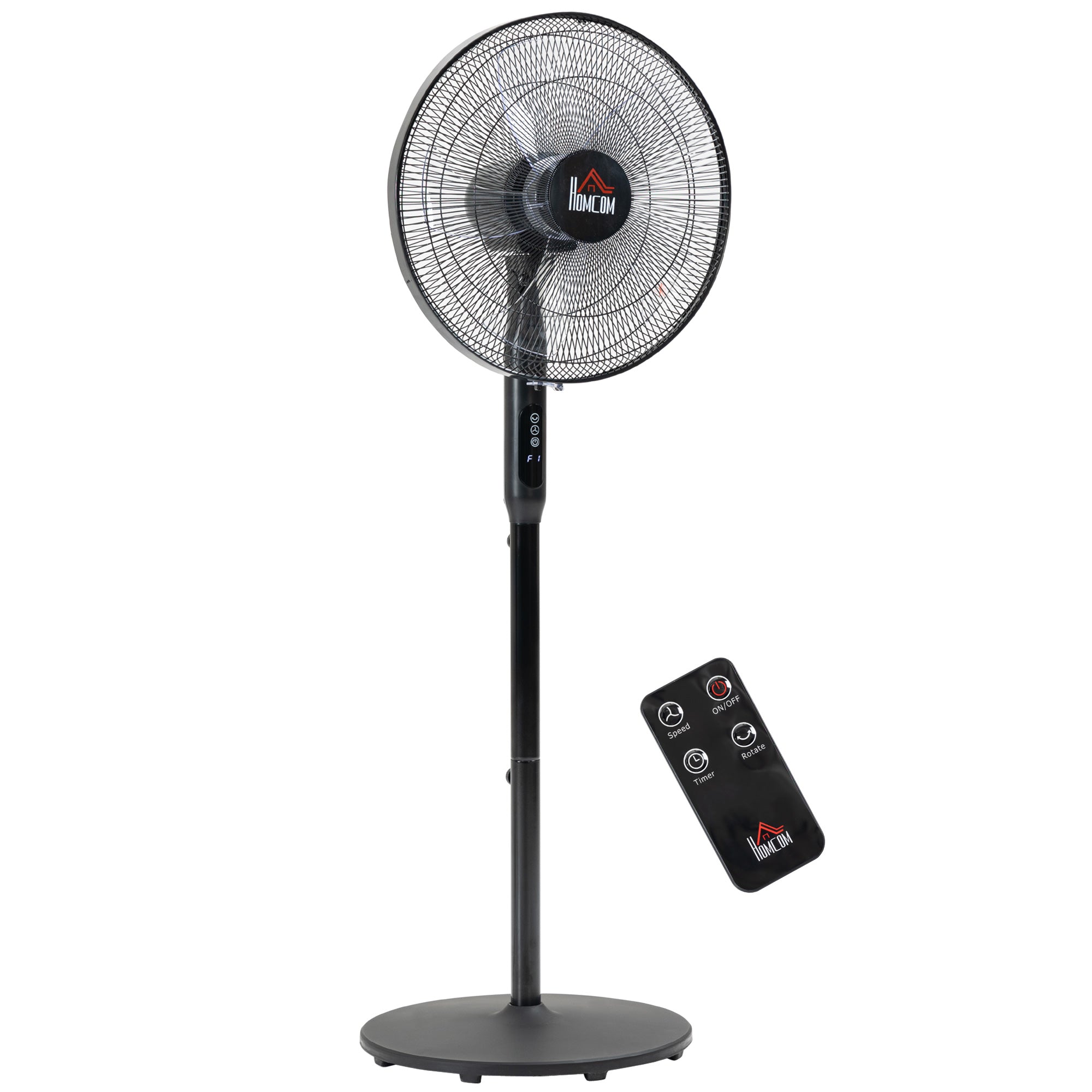 HOMCOM Floor Standing Fan with Remote Control, Oscillating, LED Screen, Stand Up Cooling Fan, Tall Pedestal Electric Fan for Home Bedroom, Black