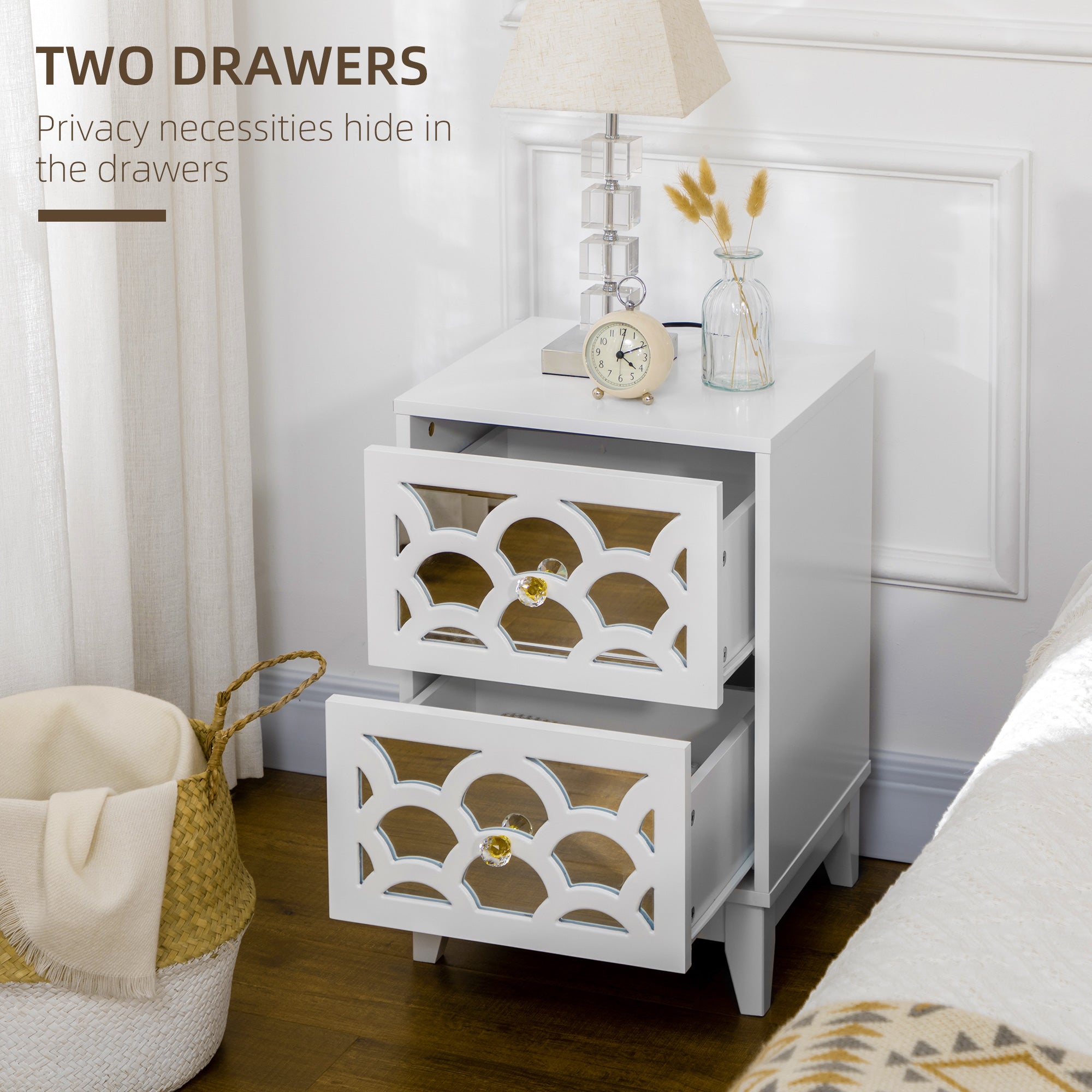 HOMCOM Modern Bedside Table, Side End Table with Drawers and Front Mirror, 15.4"x14.4"x23.6", White