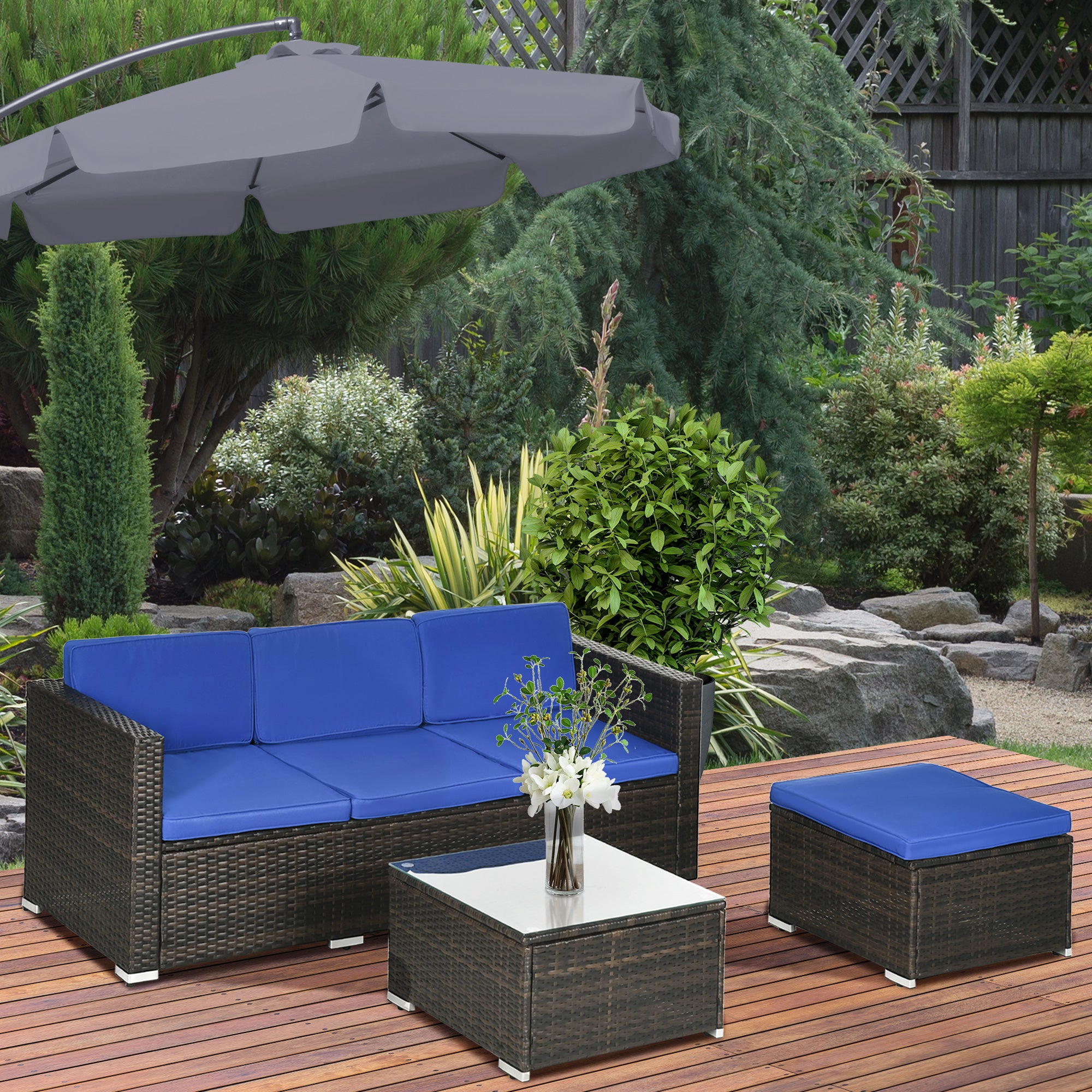 Outsunny 3 Pieces Patio Furniture Set with Cushions, Outdoor PE Rattan Wicker Conversation Corner Sofa Set with Glass Top Table and Adjustable Foot for Garden, Lawn, Blue