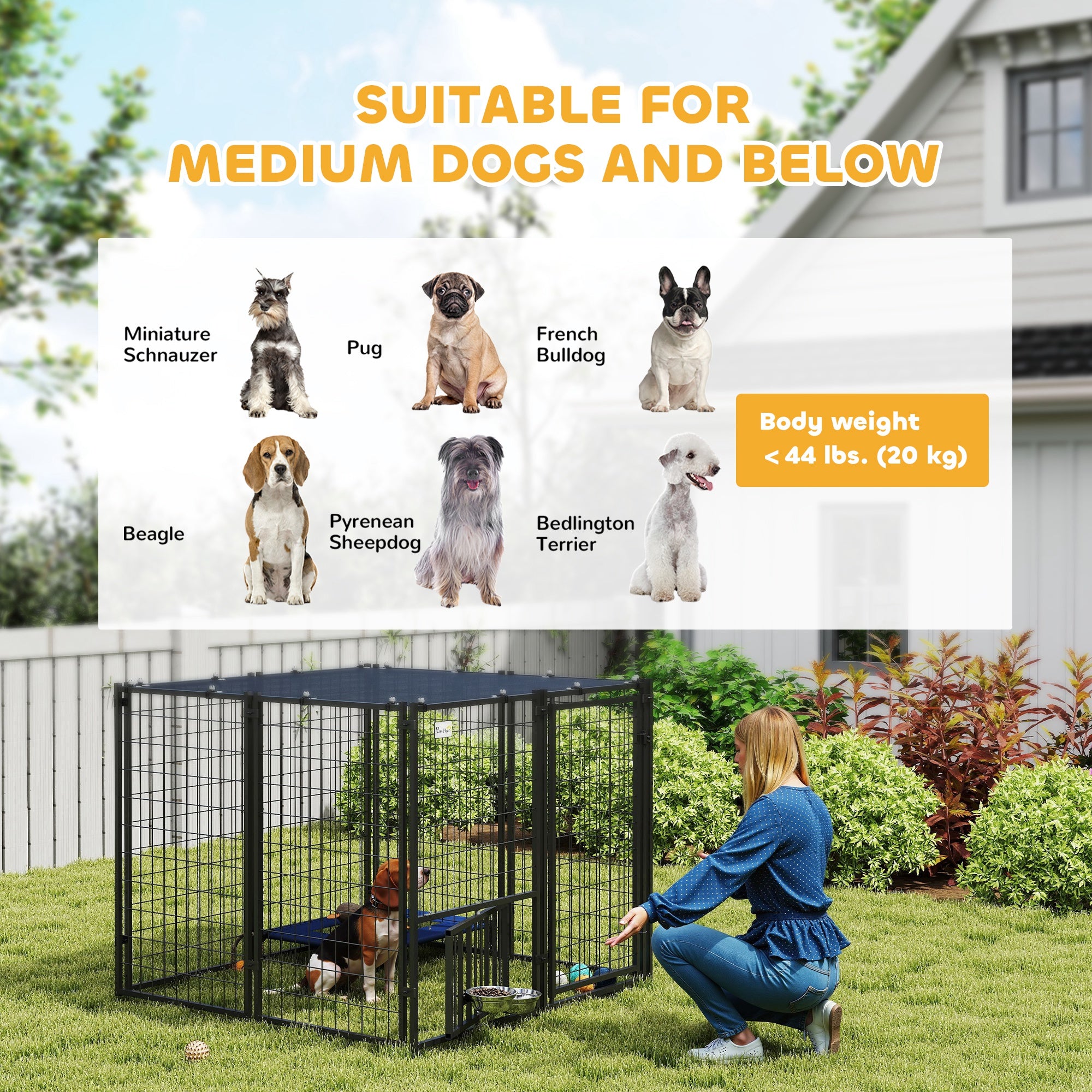 PawHut Outdoor Dog Run with Adjustable & Rotatable Dog Bowls, Sun-Shade Cover, for Small and Medium Dogs, 4.6' x 4.6' x 3.7'