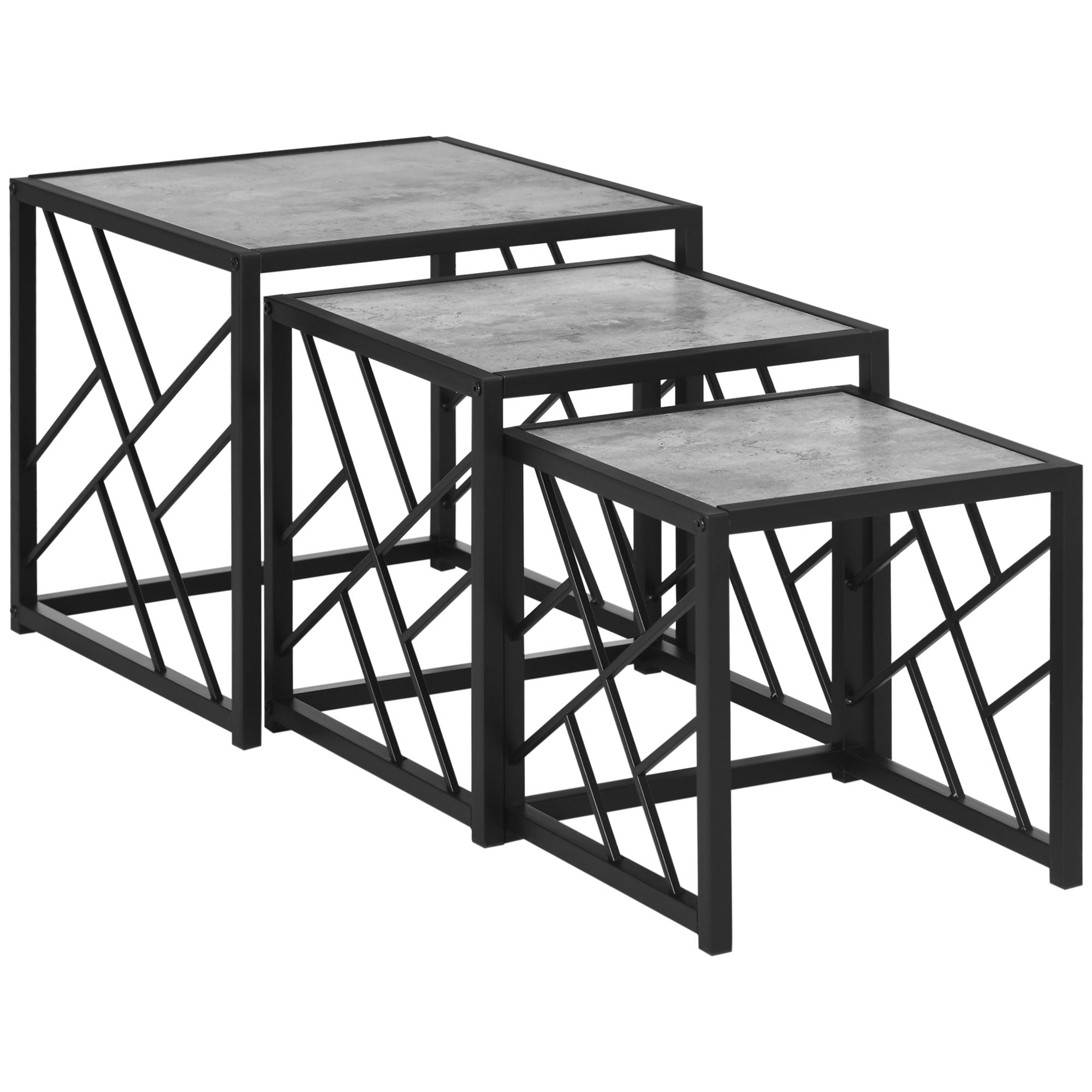 HOMCOM Nest of Tables Set of 3, Square Coffee Table Set with Metal Frame for Living Room, Bedroom, Grey