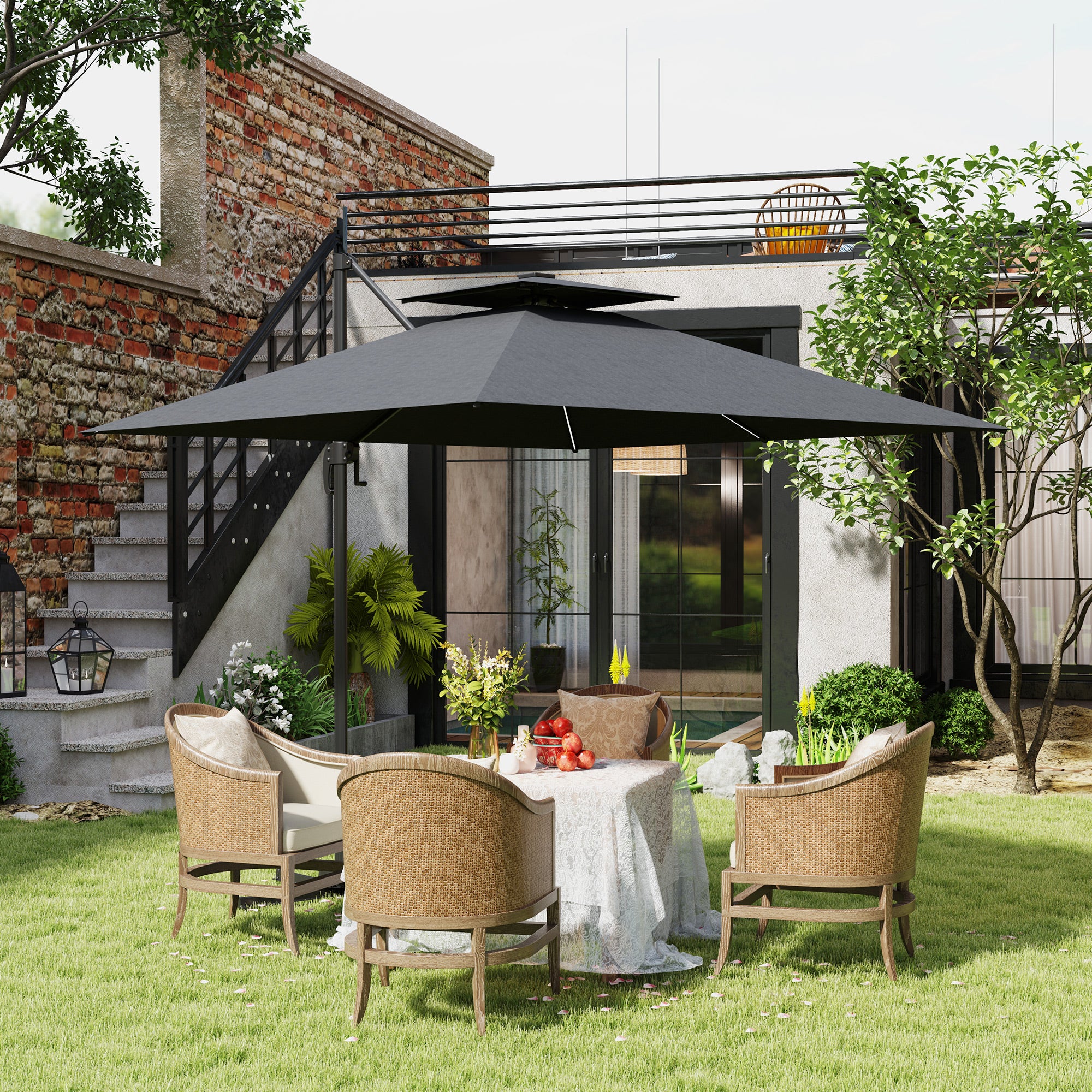Outsunny 8' Cantilever Patio Umbrella with LED Lights, 360°Rotation, Tilt & Height Adjustment, Crank, Cross Base, Dark Grey