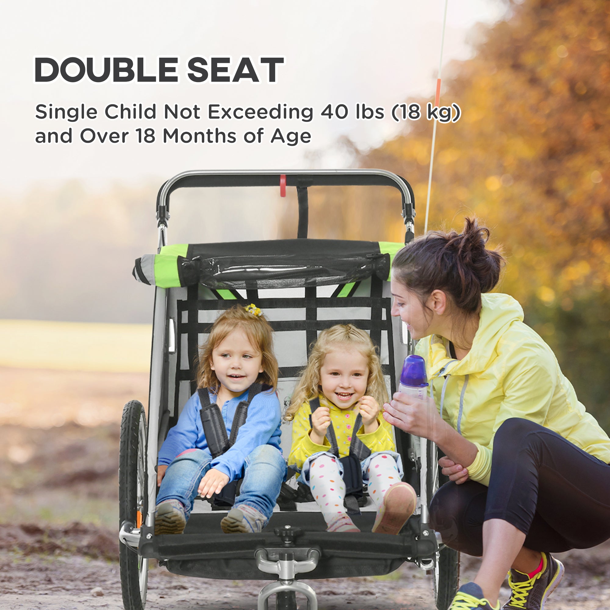 Aosom 2-in-1 Double Baby Jogging Stroller, Bike Trailer for Kids & Toddlers with Handbrake, 5 Point Harness, Waterproof Cover, Storage Bag, Safety Flag, Reflectors, Green