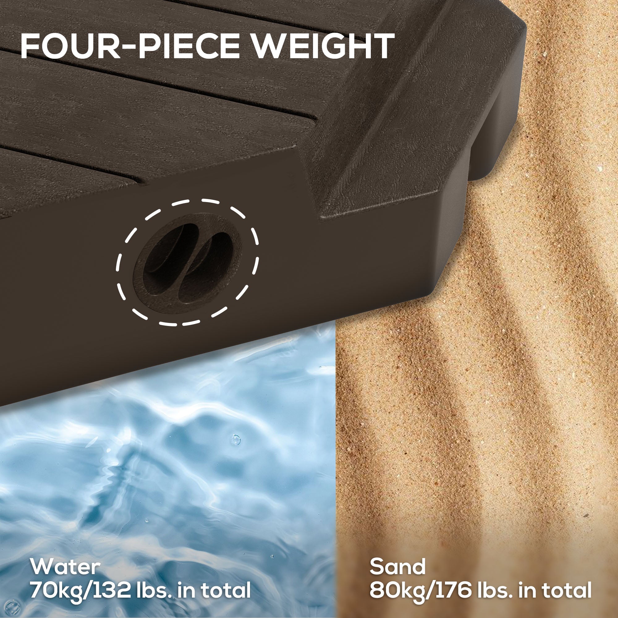 Outsunny Offset Umbrella Base Outdoor Umbrella Weights, 132 lb. Capacity Water or 176 lb. Capacity Sand, Brown
