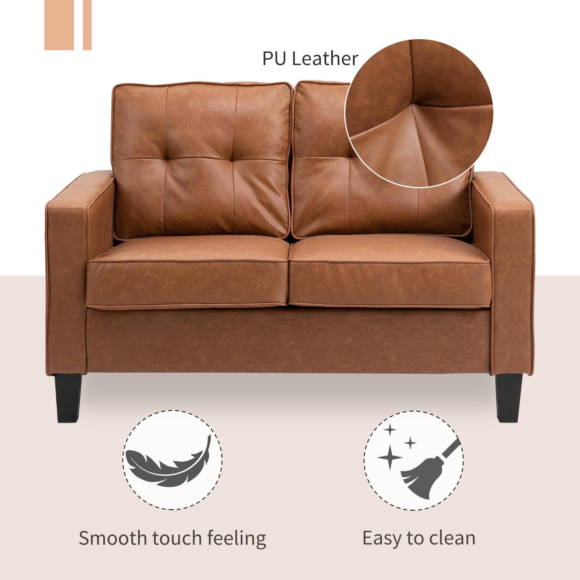HOMCOM 51" PU Leather Loveseat, Upholstered Double Sofa Couch with Armrests, Tufted Backrest, Pocket Spring and Sponge Padded Cushion for Living Room, Bedroom, Home Office, Brown