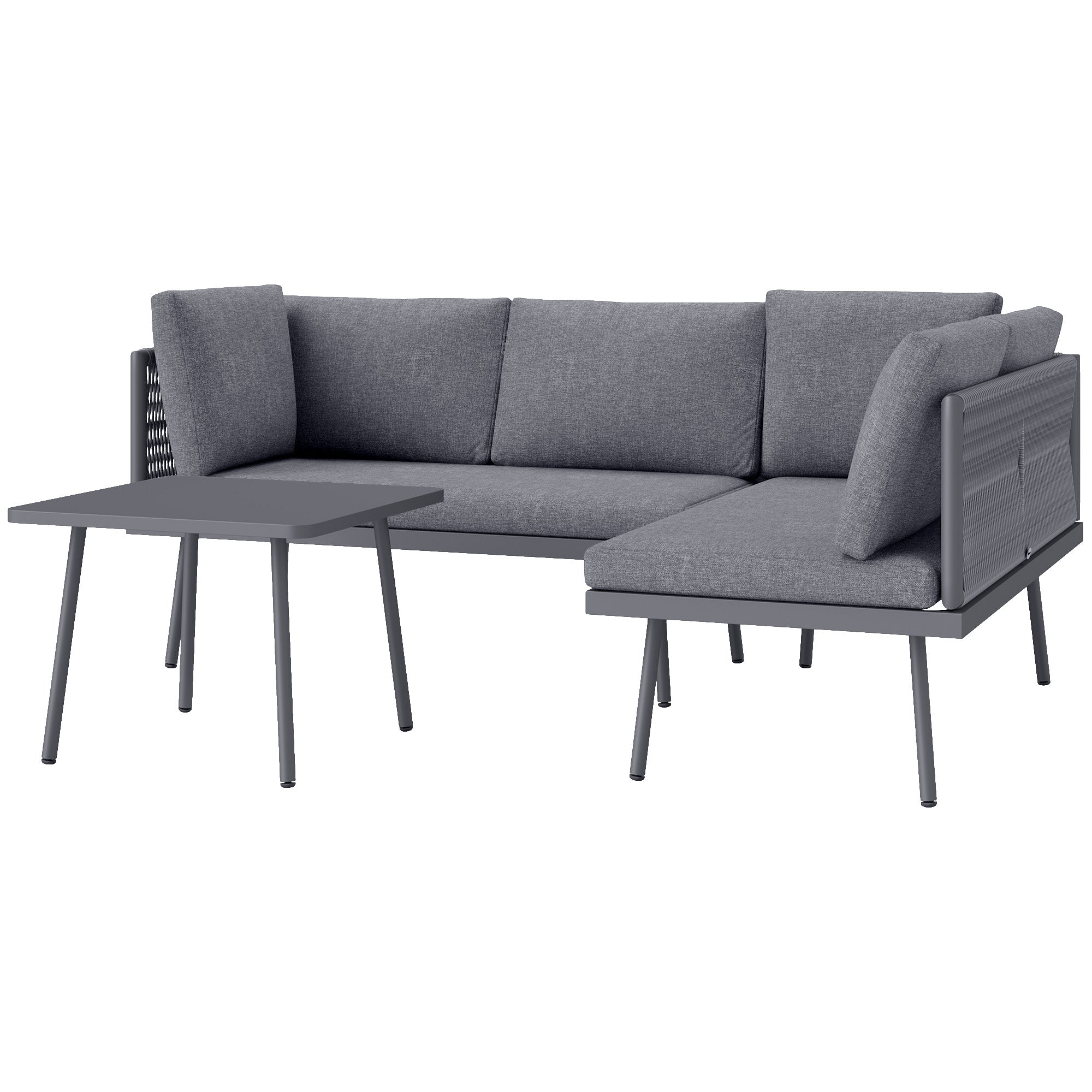 Outsunny 3 Pieces Outdoor Furniture Set, L Shaped Wicker Patio Furniture Conversation Set with Cushions, Steel Table, Grey