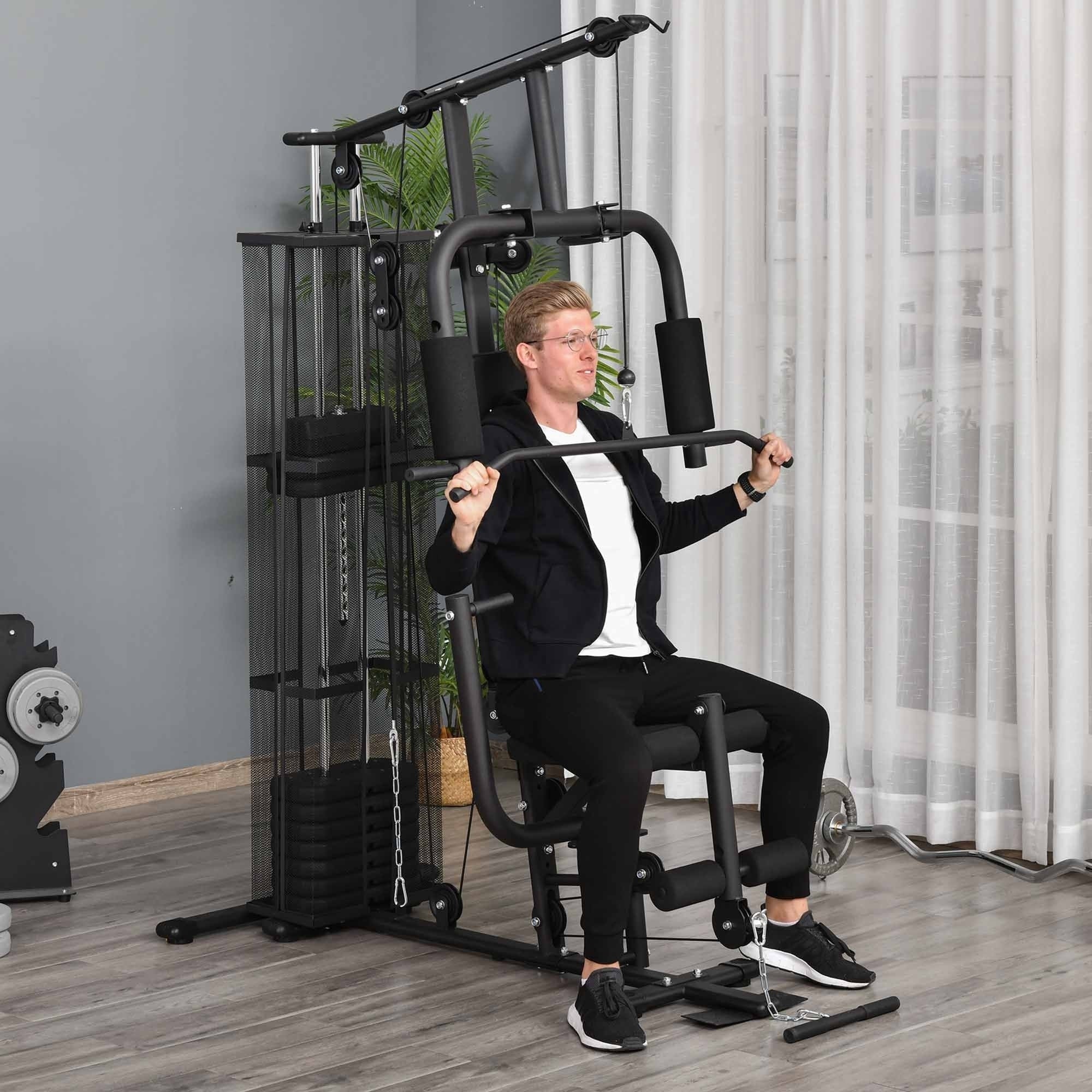Soozier Home Gym, Multifunction Gym Equipment Workout Station with 100Lbs Weight Stack for Lat Pulldown, Leg Extensions, Preacher Bicep Curls, Triceps Pulldowns, Chest Press, Black