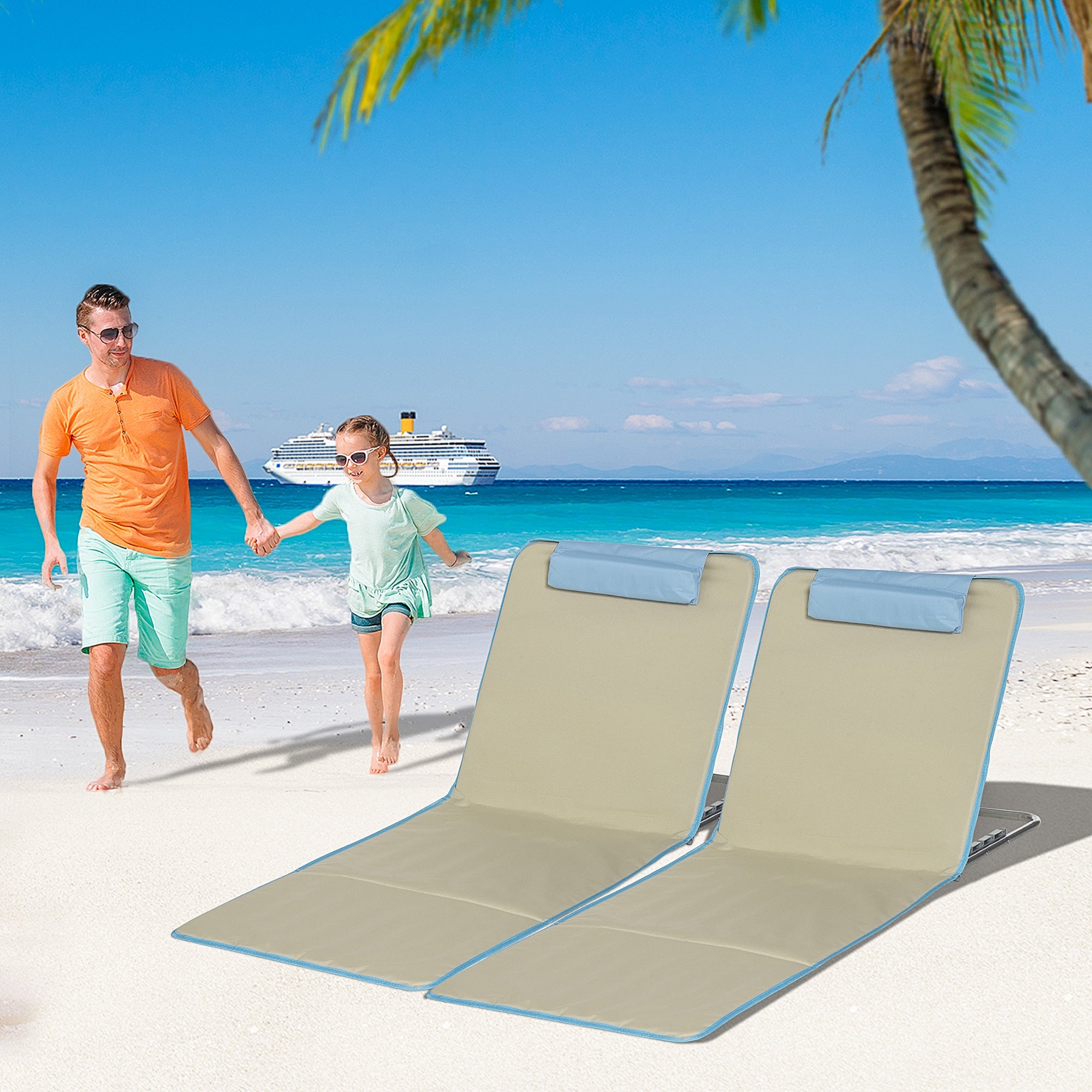 Outsunny Set of 2 Beach Lounge Chair, Folding Ground Beach Mat w/ Adjustable Back, Steel Frame, Head Pillow and Carry Bag, Beige