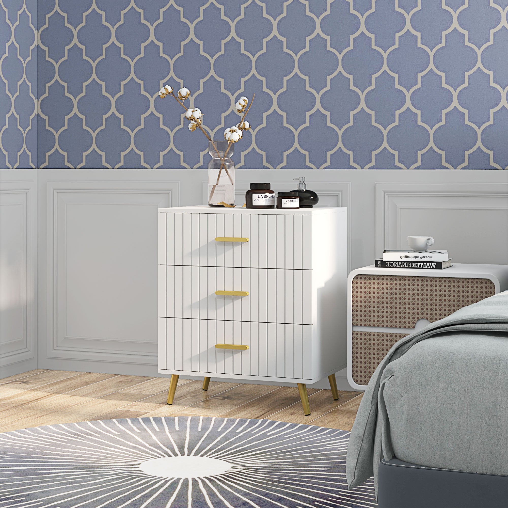 HOMCOM 3 Drawer Cabinet, Drawer Chest for Bedroom, Chest of Drawers with Aluminium Legs and Gold Handles, White