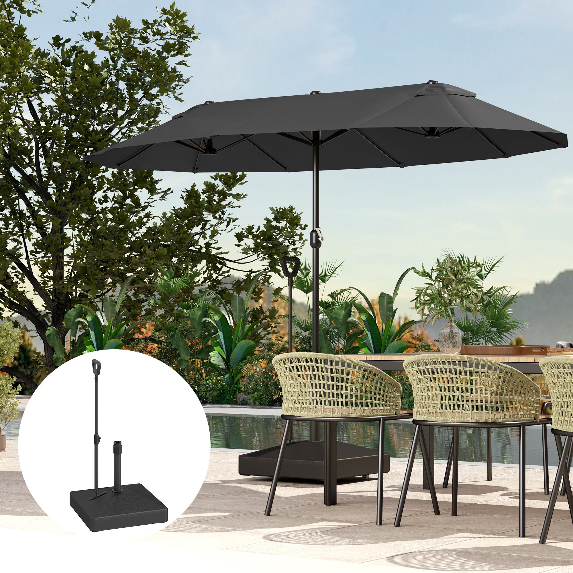 Outsunny Patio Umbrella Base with Adjustable Wheels and Handle, Outdoor Patio Umbrella Stand, Filled Up to 121lbs with Stand, 99lbs with Water for Garden Poolside, Black