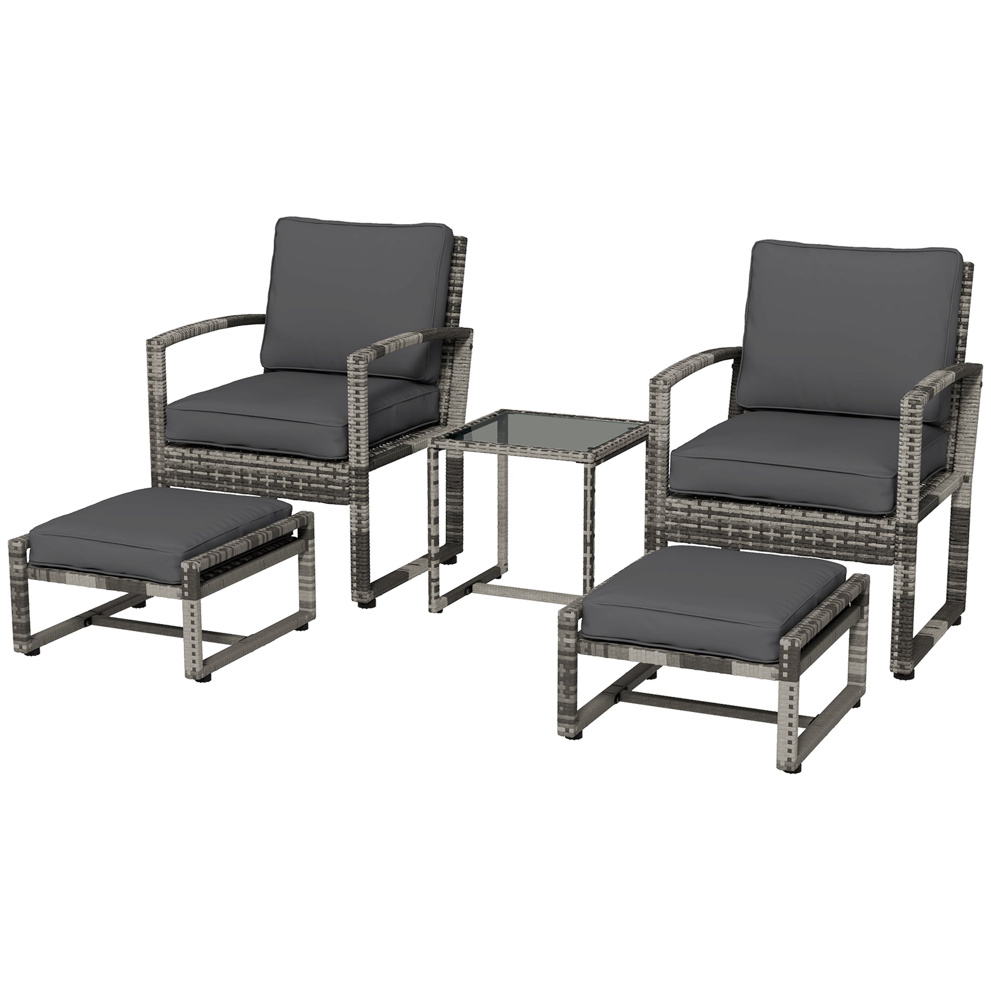 Outsunny 5 Pieces Patio Furniture Set with Armchair, Stool, Table, Cushions, Outdoor Wicker Conversation Sofa Set for Garden