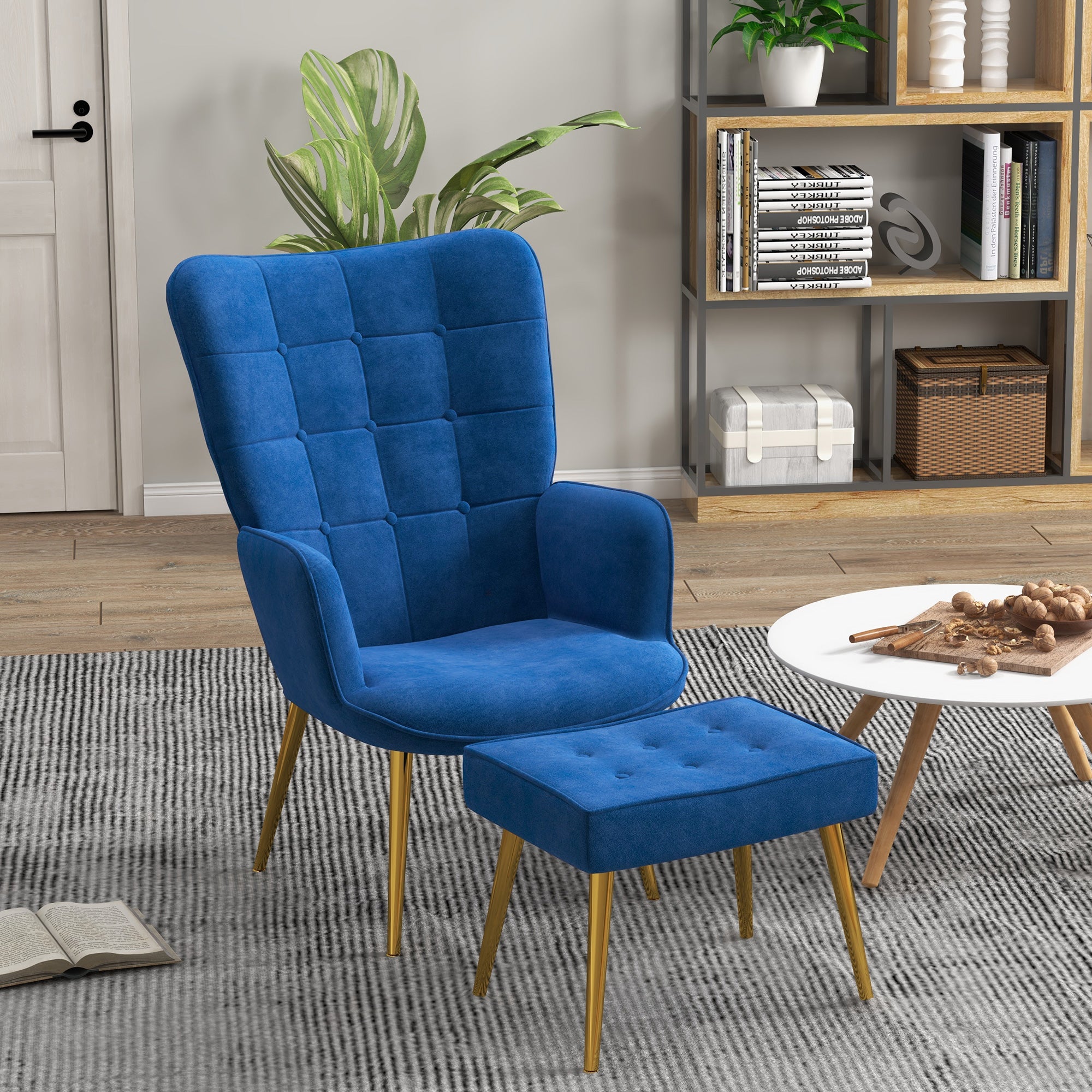 HOMCOM Modern Accent Chair with Footrest, Gold Metal Legs for Living Room & Bedroom - Dark Blue Upholstered Armchair