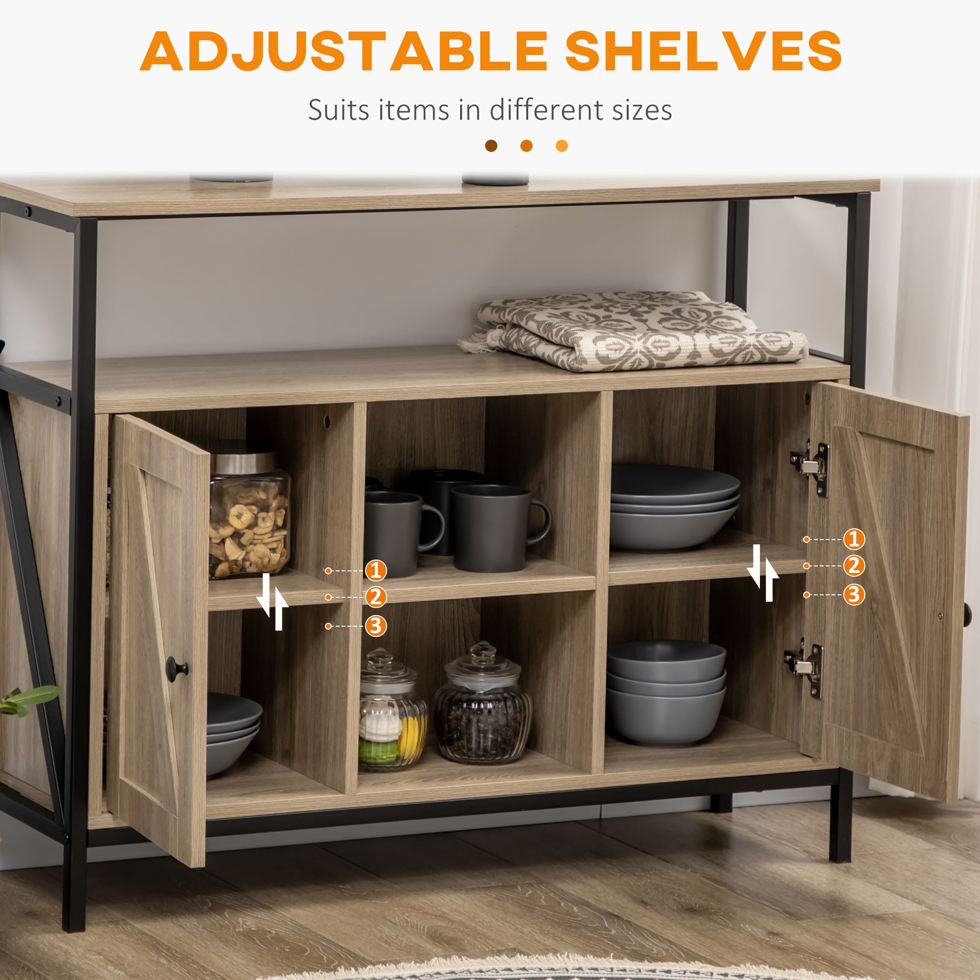 HOMCOM Farmhouse Buffet Cabinet, Kitchen Sideboard, Coffee Bar Table with Adjustable Shelves for Dining Room, Natural